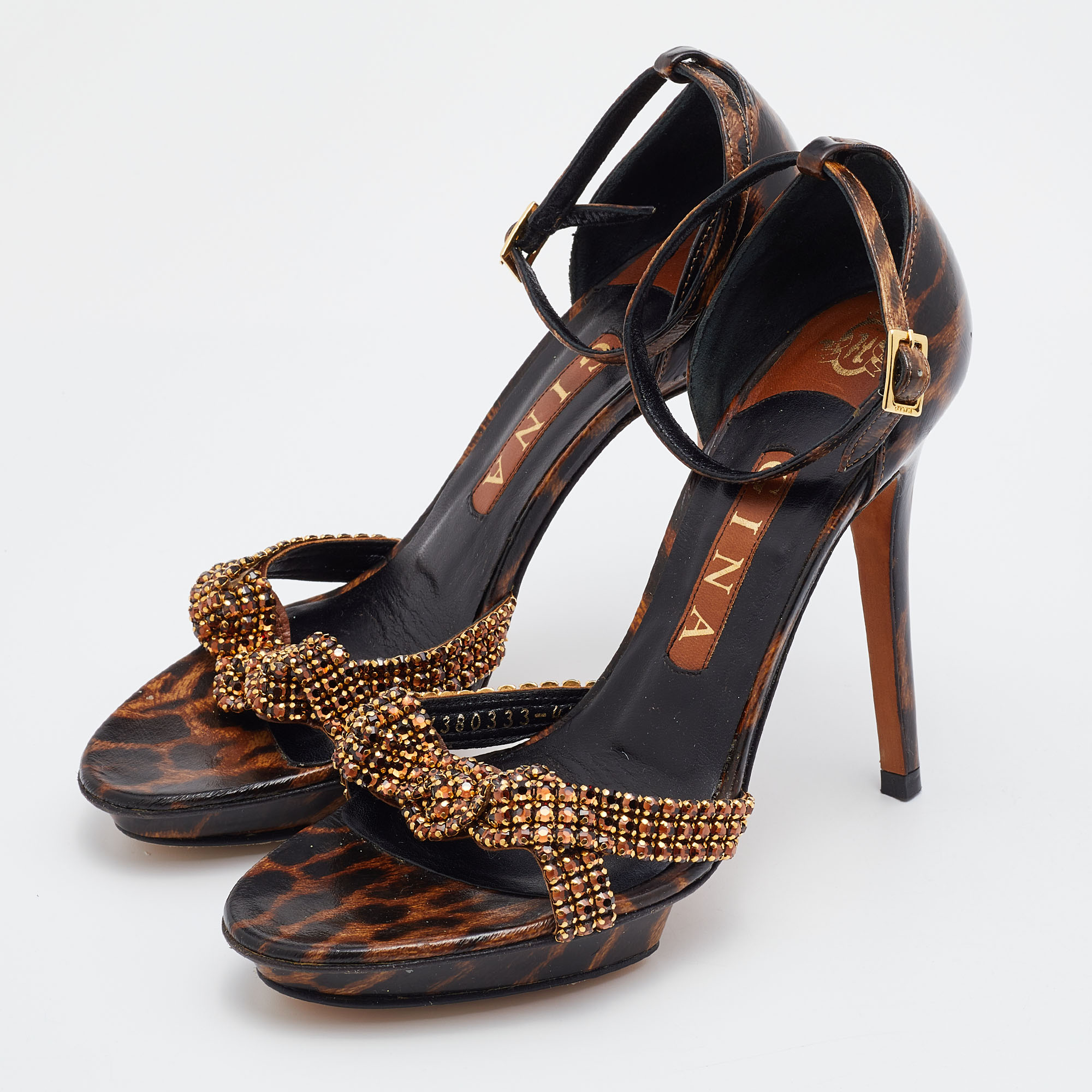 

Gina Brown Leopard Print Patent Leather Crystal Embellished Ankle Strap Platform Sandals Size