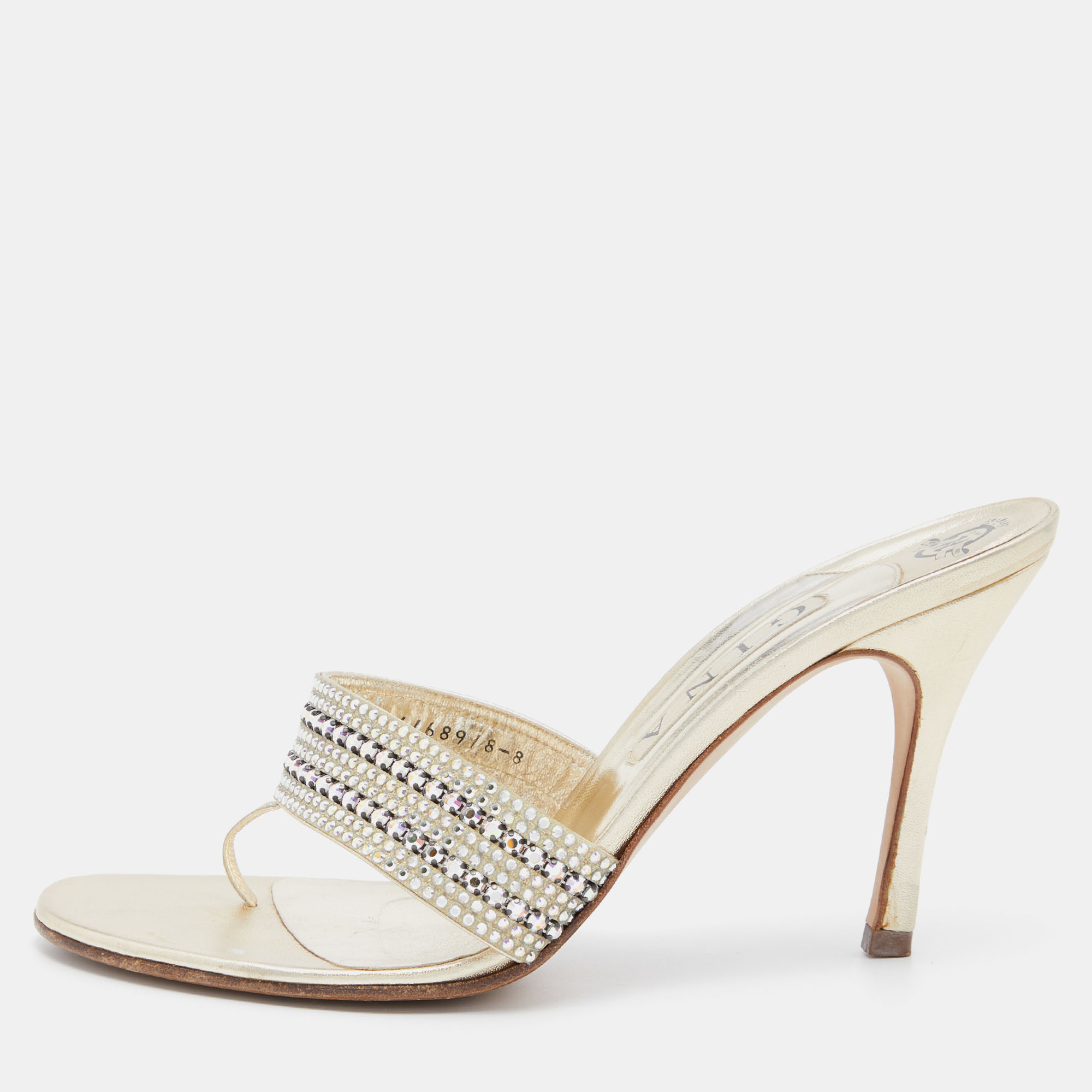 Pre-owned Gina Gold Leather Crystal Embellished Slide Sandals Size 41