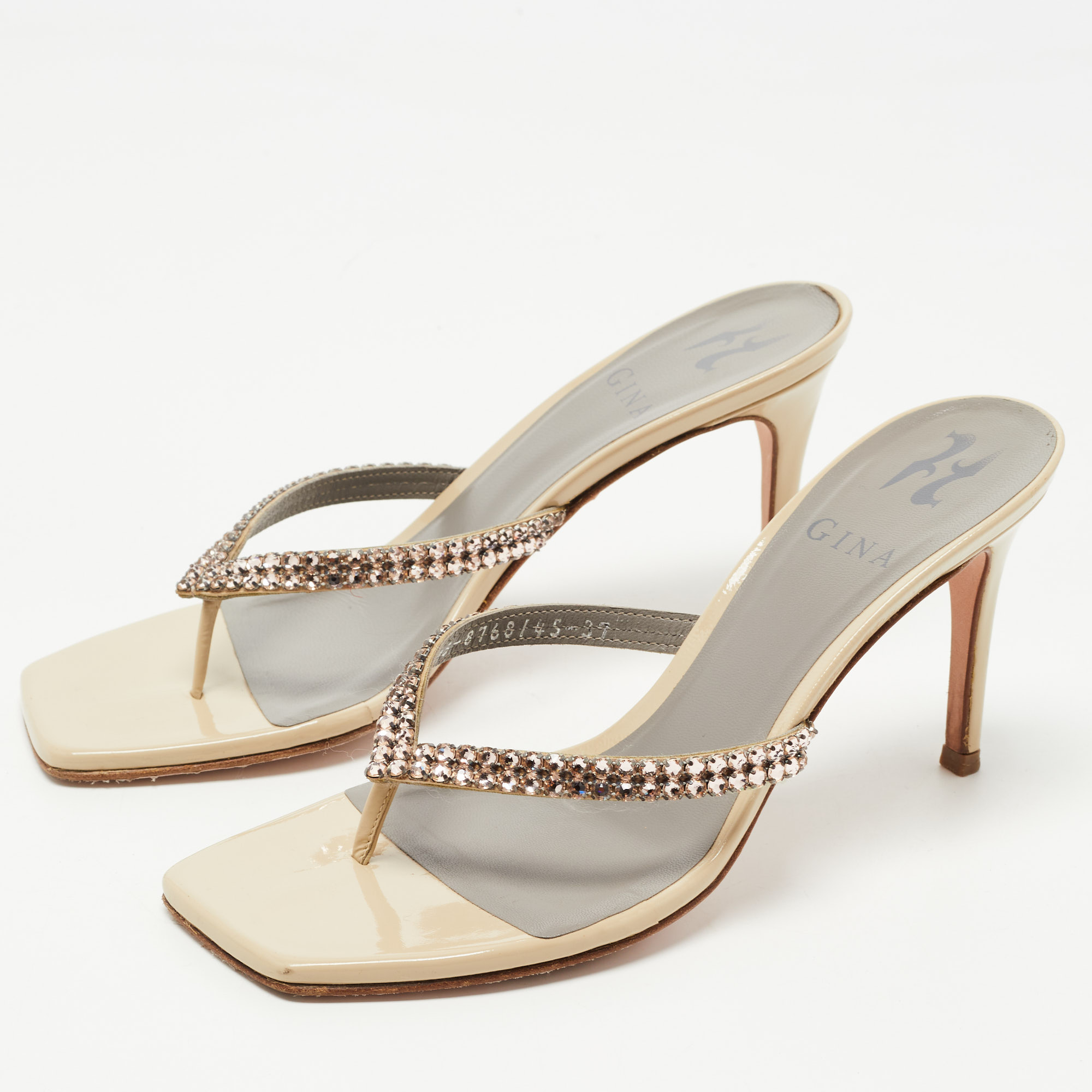 

Gina Grey Crystal Embellished Leather Slide Sandals Size