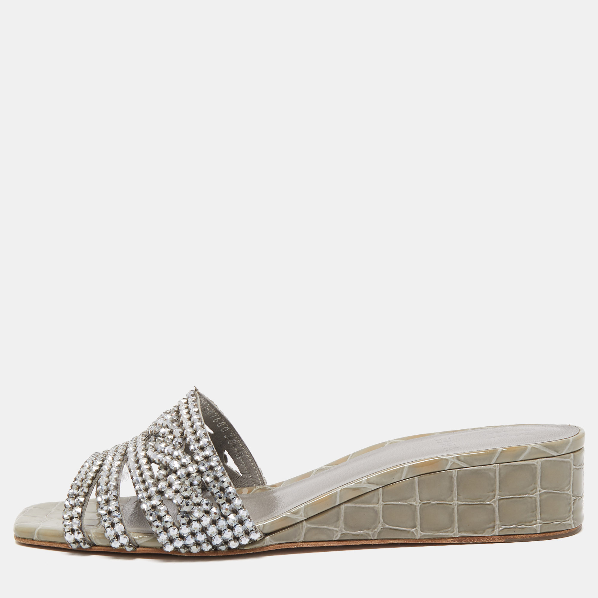 Gina Green Croc Embossed Patent Leather Crystal Embellished Slides Size 39