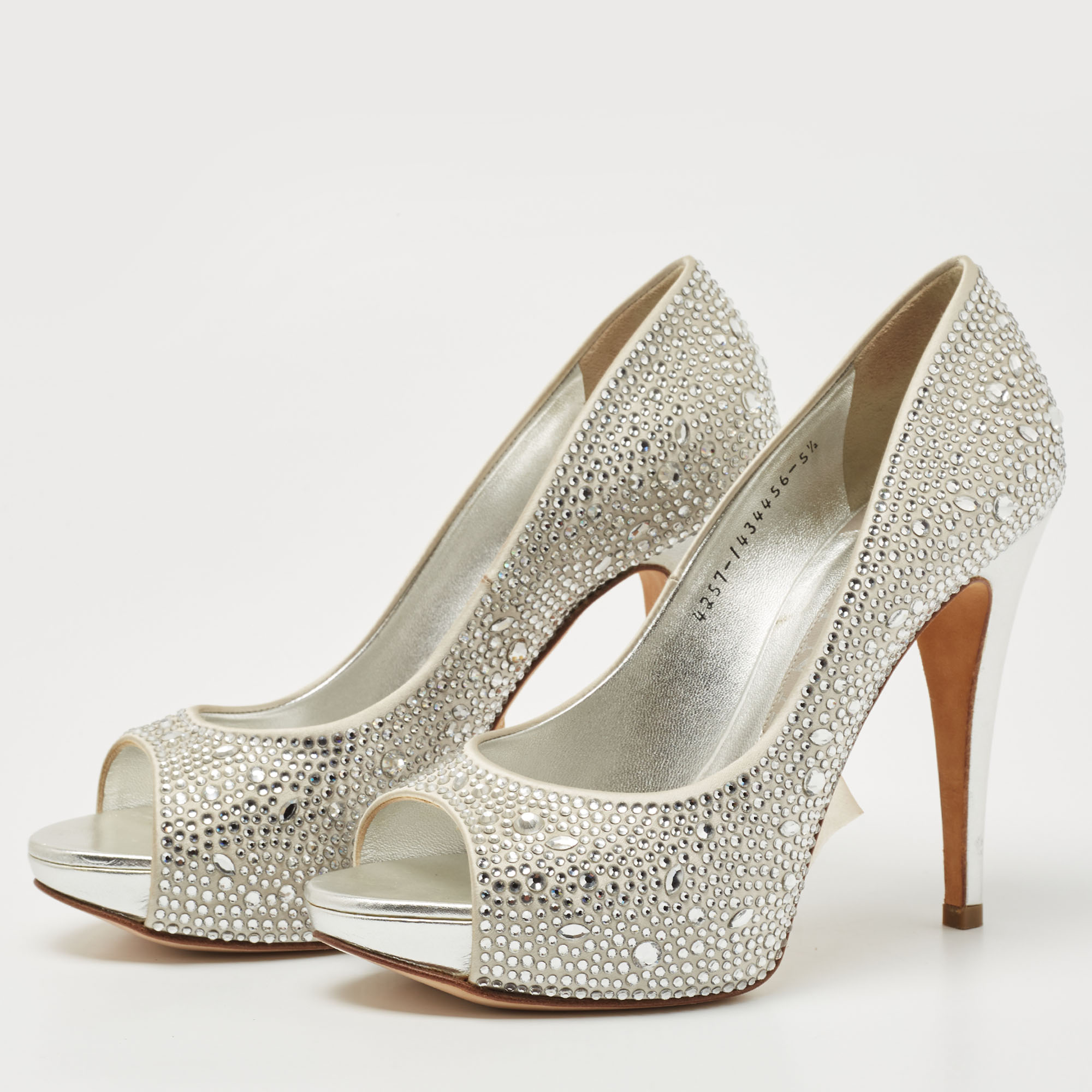 

Gina Silver Crystal Embellished Satin Open Toe Platform Pumps Size