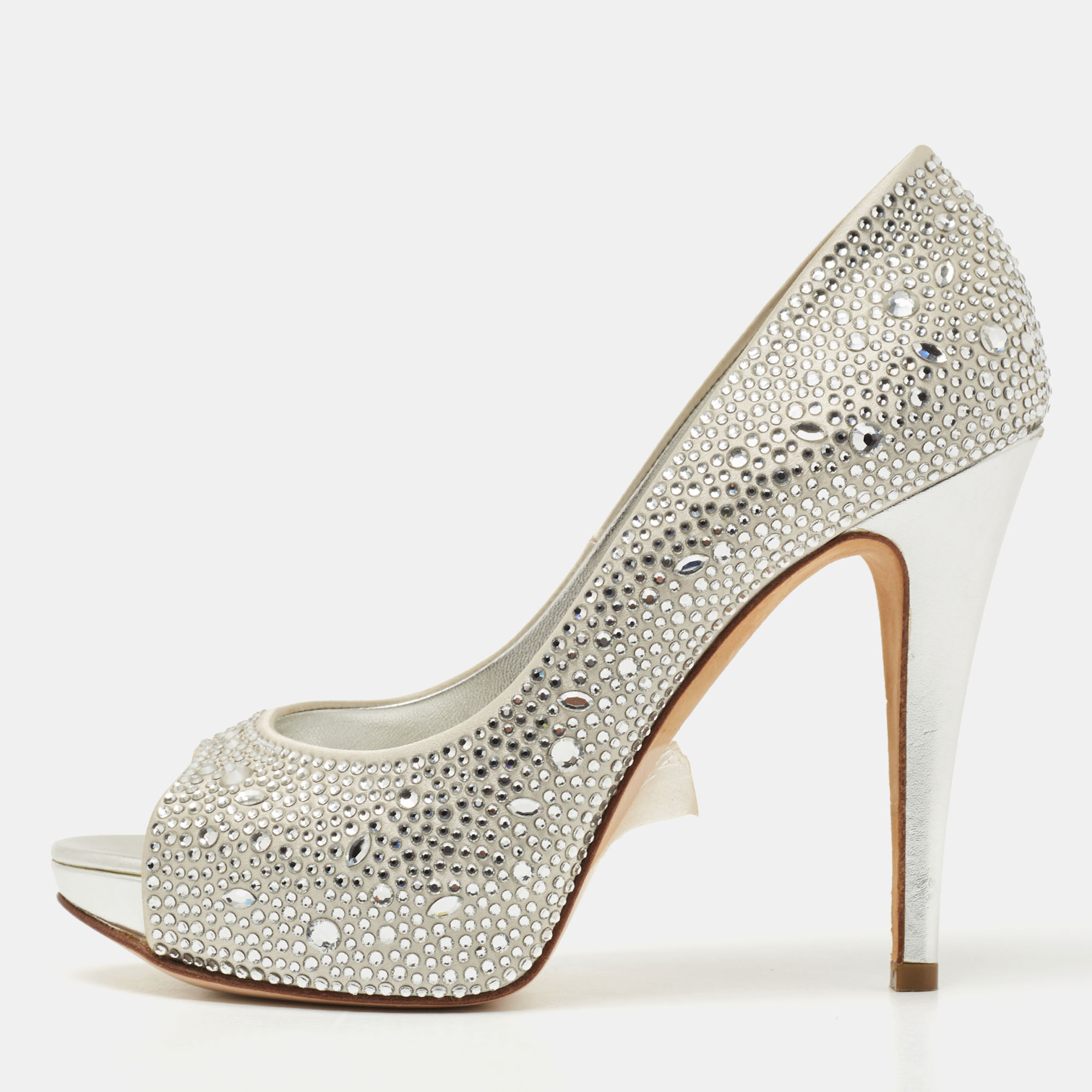 Pre Owned Gina Silver Crystal Embellished Satin Open Toe Platform Pumps Size 38.5