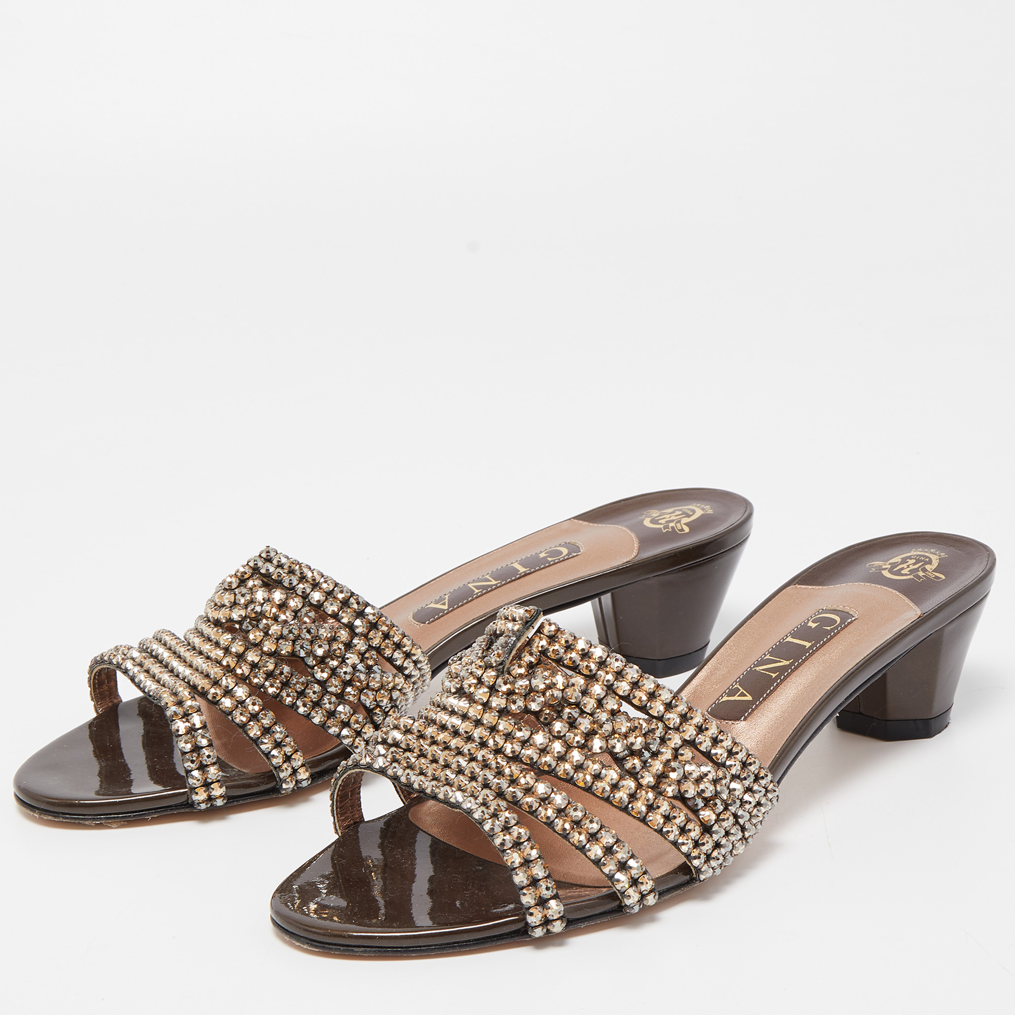 

Gina Metallic Bronze Leather Crystal Embellished Slide Sandals Size