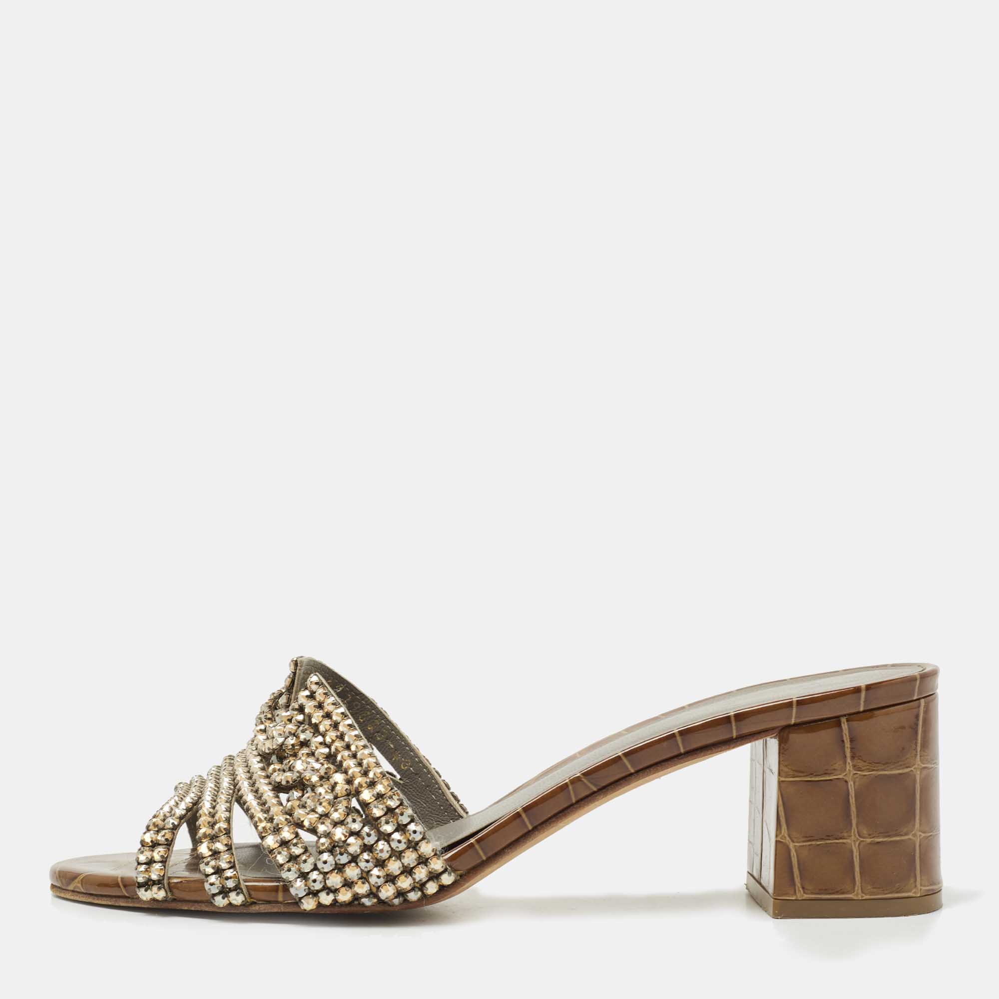 Pre Owned Gina Brown Croc Embossed Leather Crystal Embellished Slides Size 40