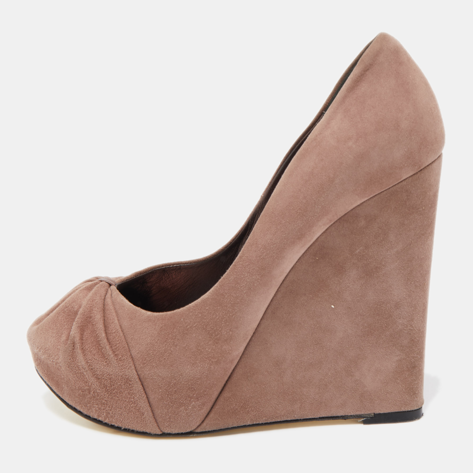 Pre-owned Gina Dusty Pink Pleated Suede Wedge Pumps Size 38