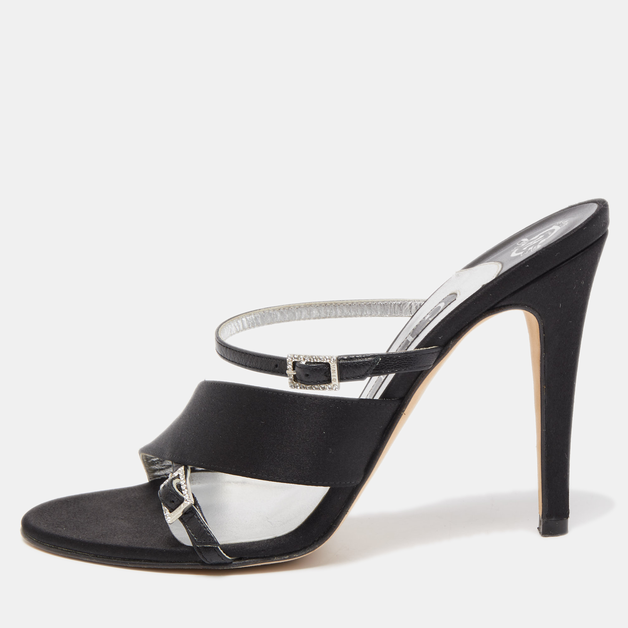 Pre-owned Gina Black Satin Crystal Embellished Cross Strap Slides Sandals Size 38.5