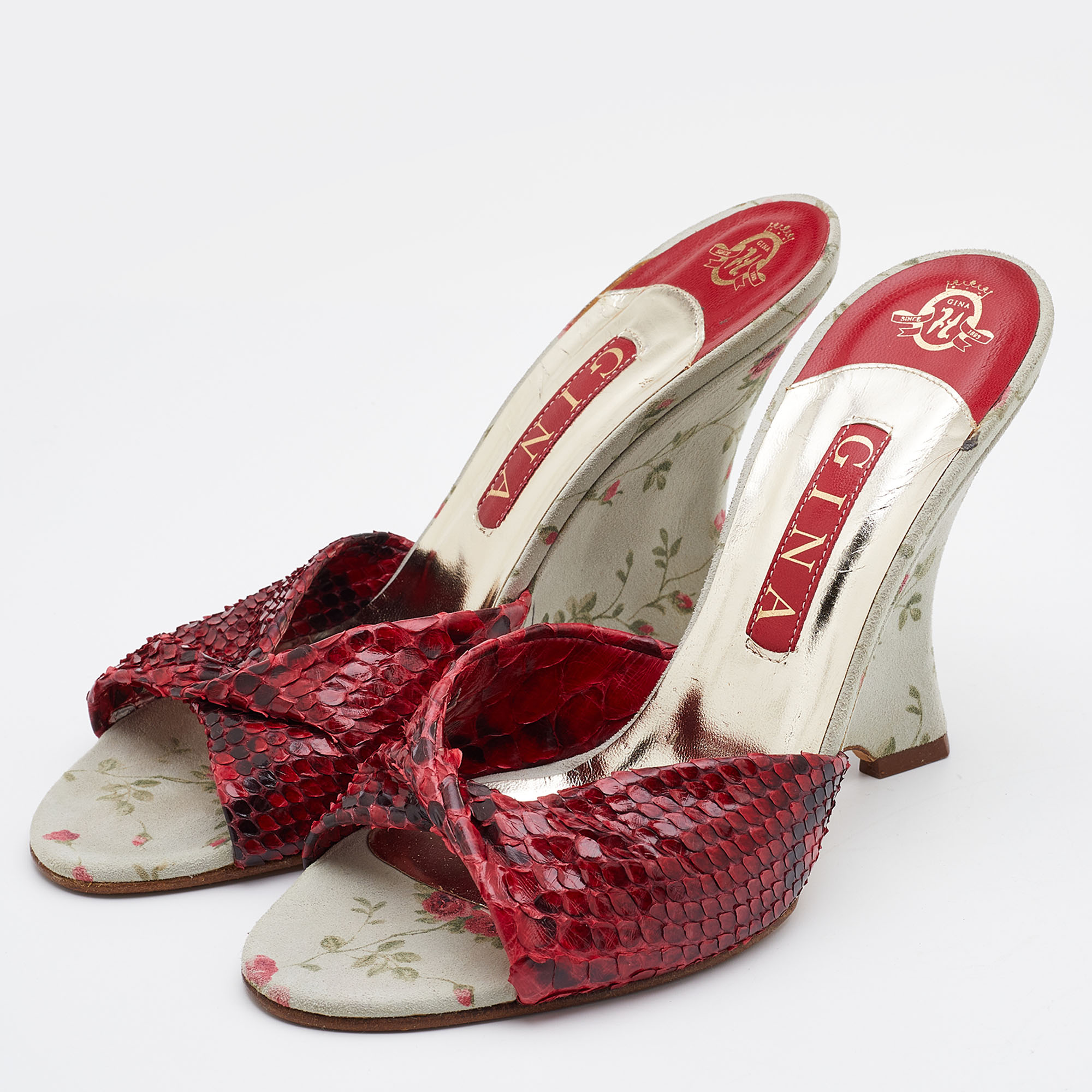 

Gina Red Printed Watersnake Leather and Fabric Wedge Sandals Size
