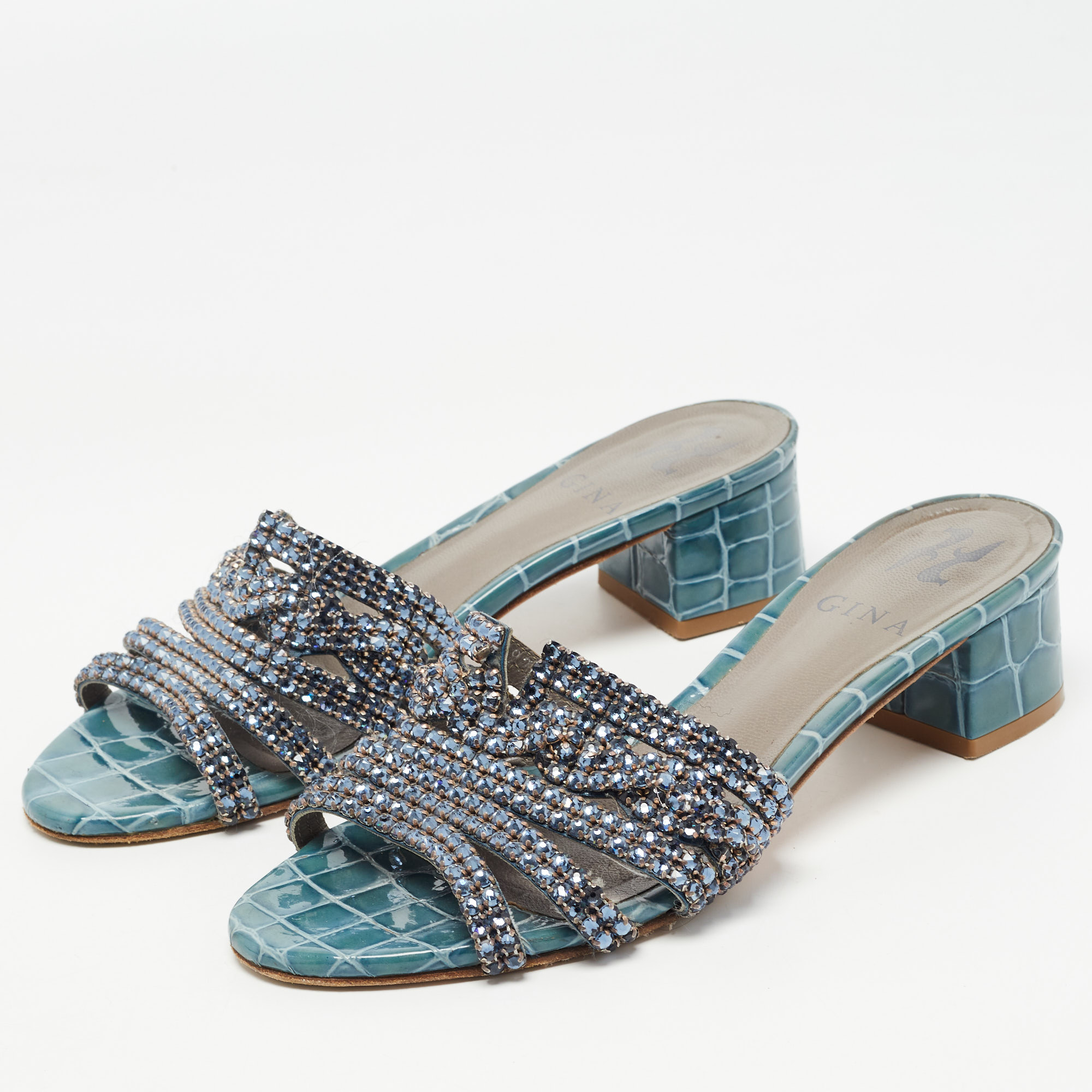 

Gina Blue Croc Embossed Leather Crystal Embellished Loren Slides Sandals Size