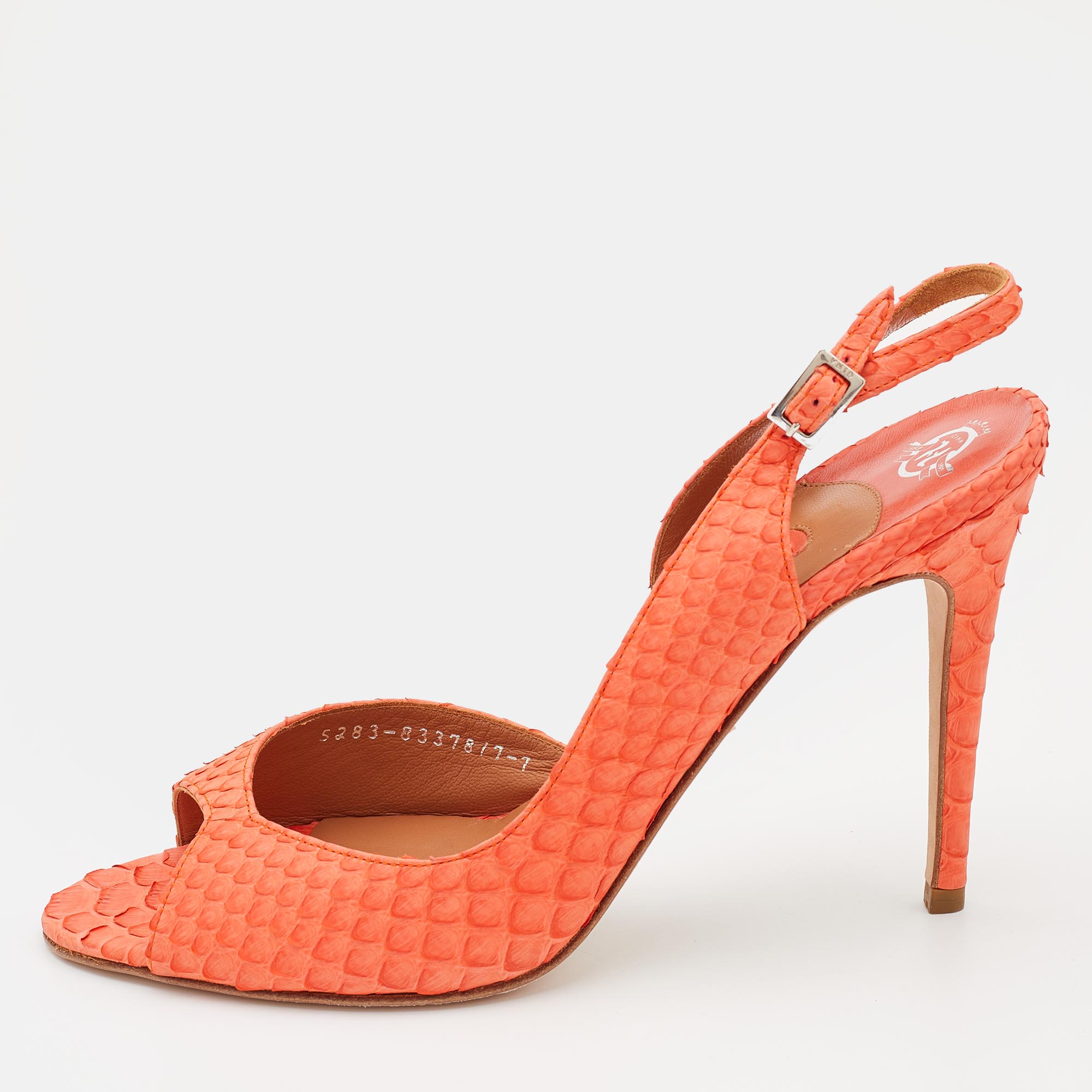 Pre-owned Gina Tangerine Python Peep Toe Ankle Strap Sandals Size 40 In Orange