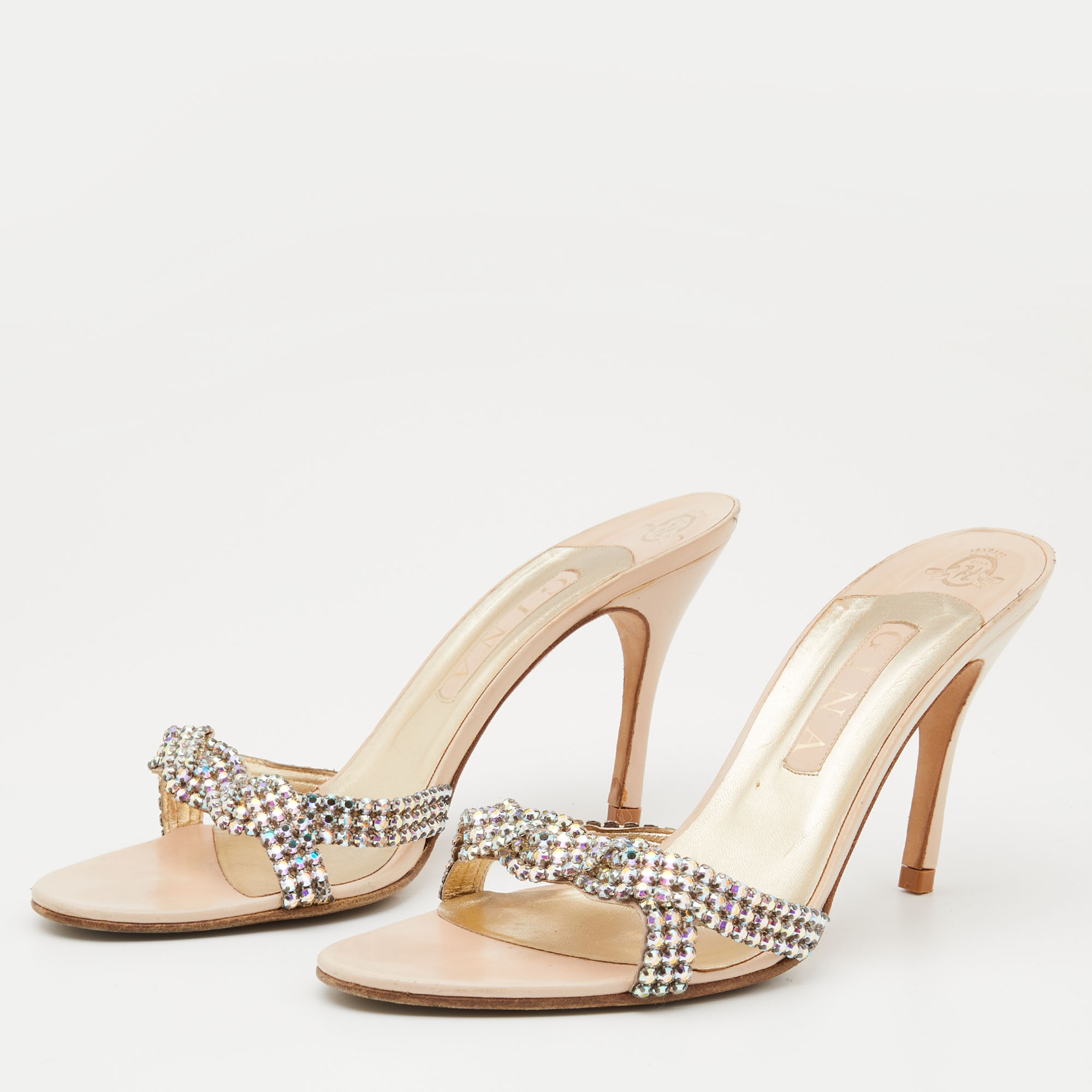 

Gina Beige Leather Crystal Embellished Slide Sandals Size