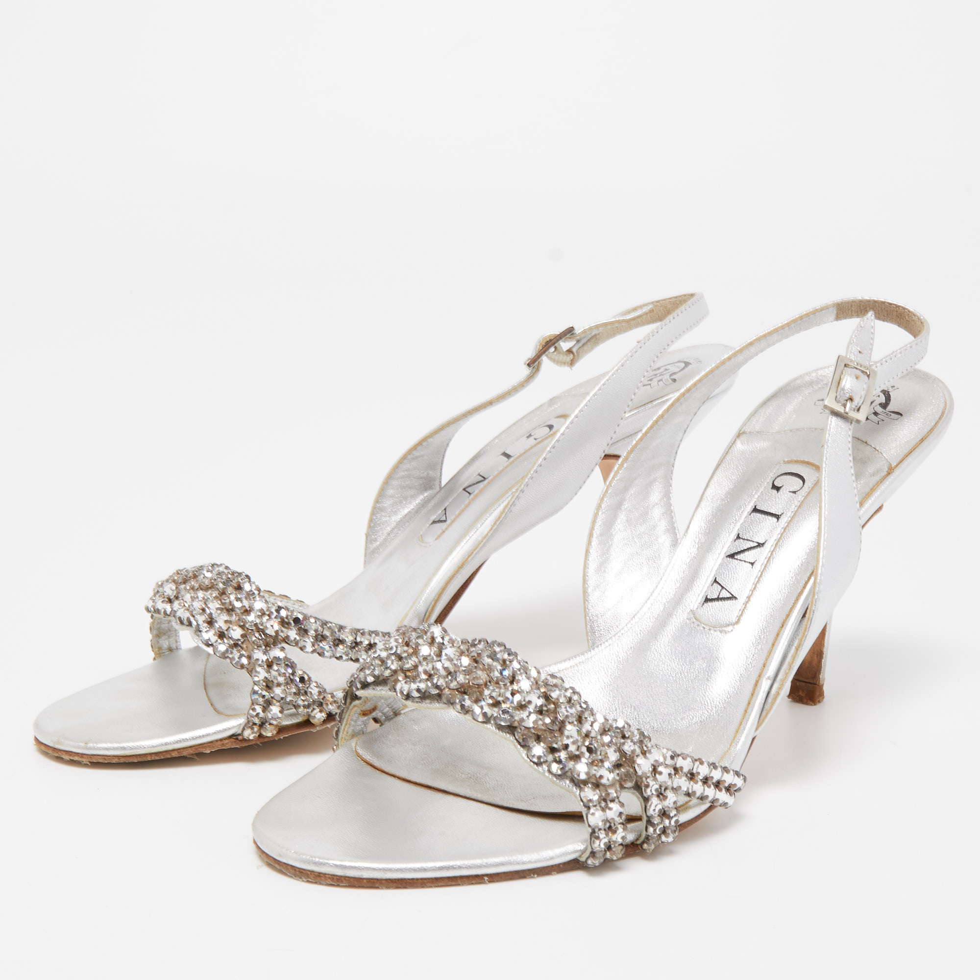 

Gina Silver Leather Crystal Embellished Slingback Sandals Size