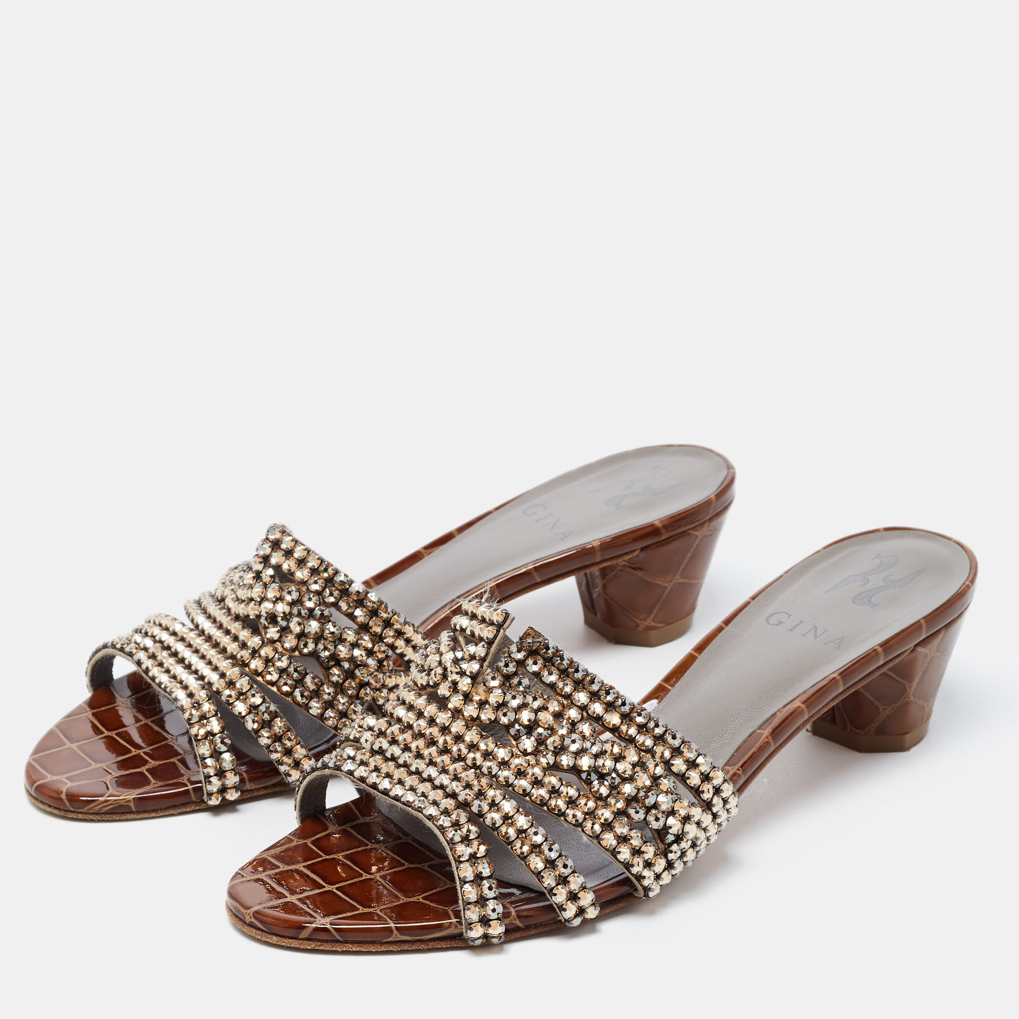 

Gina Dark Brown Crystal Embellished Leather Slide Sandals Size