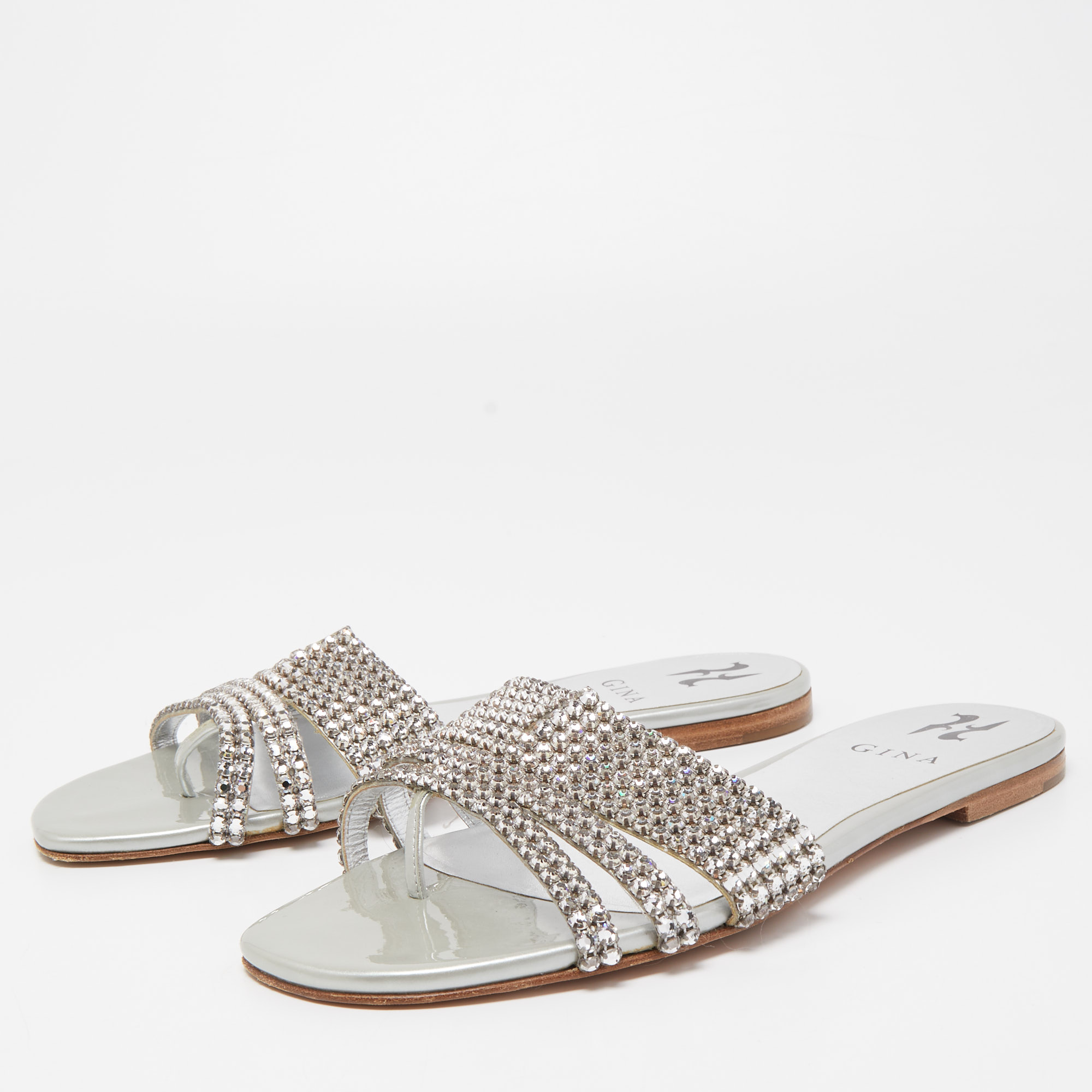 

Gina Silver Crystal Embellished Leather Flat Slides Size