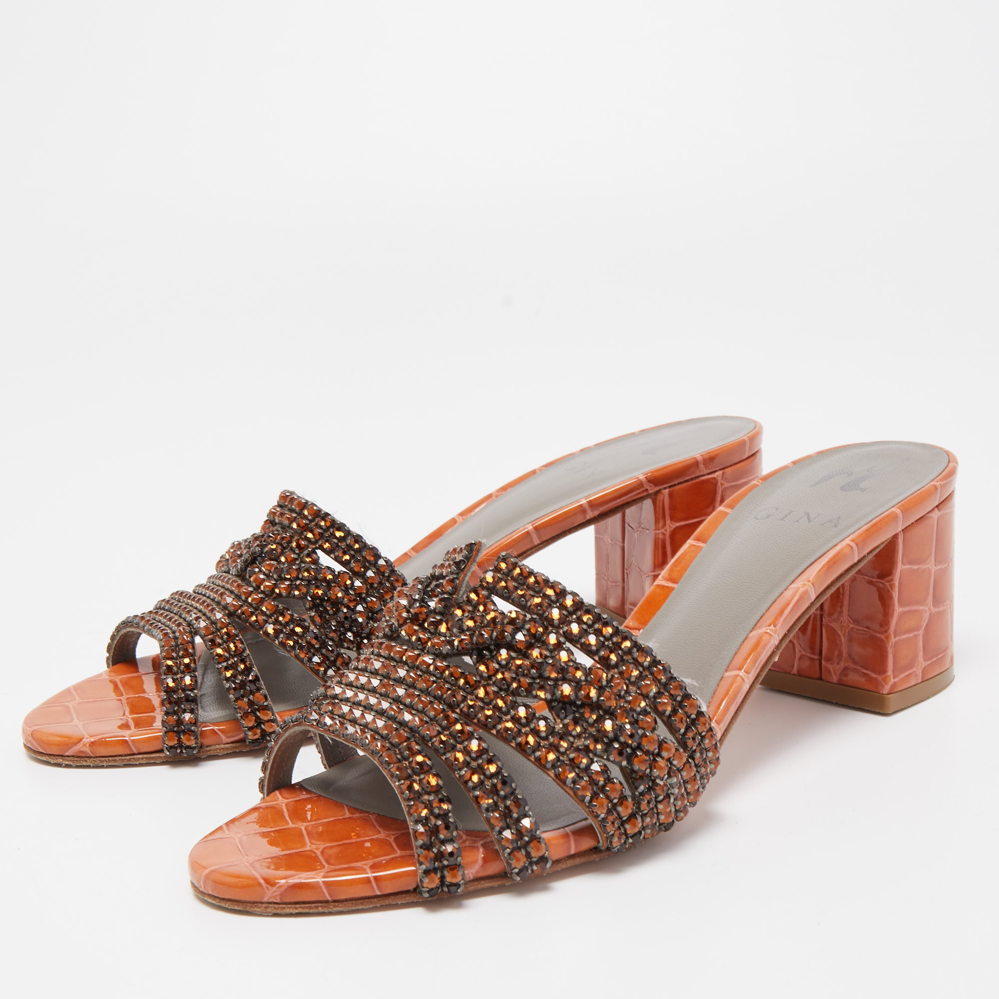 

Gina Dark Orange Crystal Embellished Leather Slide Sandals Size