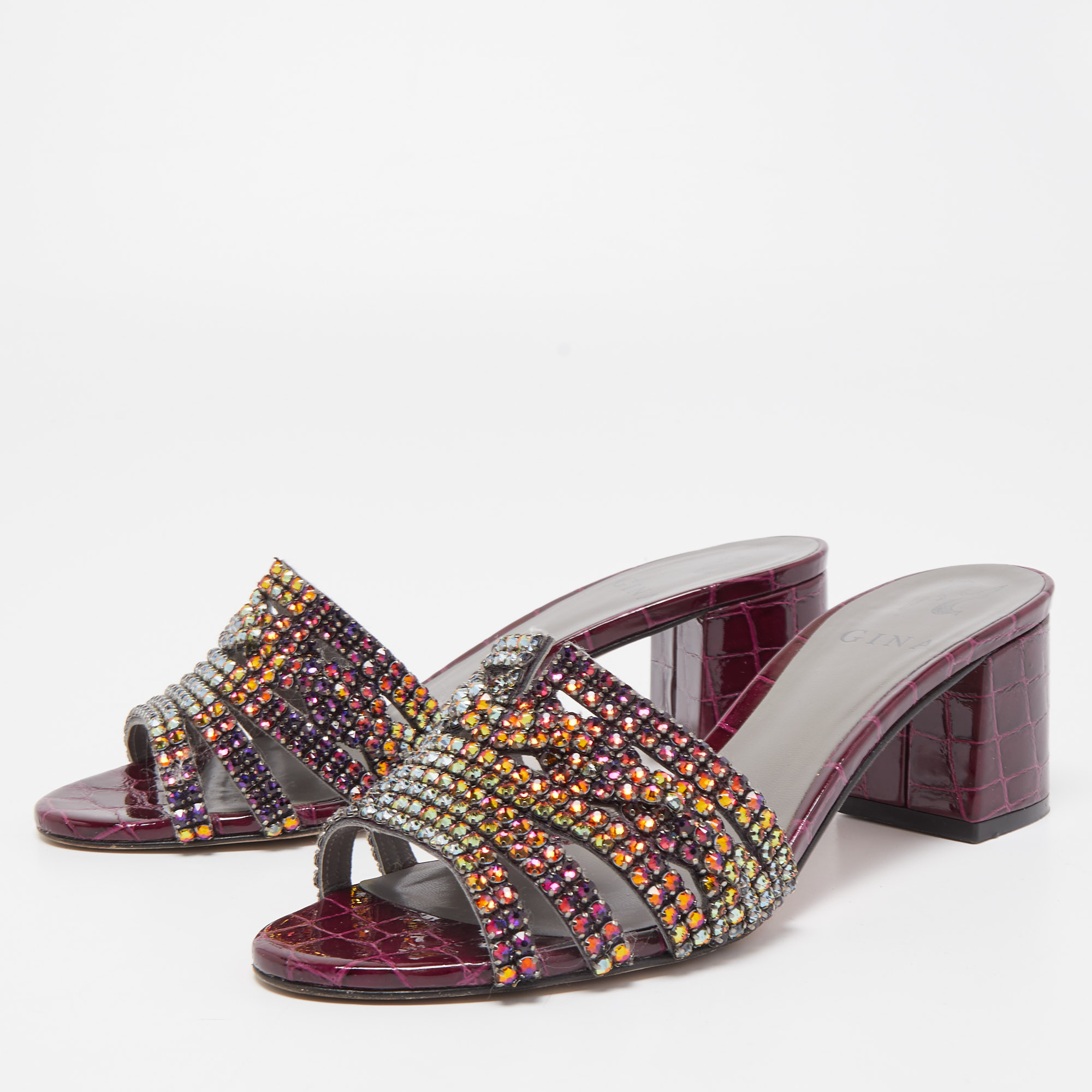 

Gina Purple Crystal Embellished Leather Slide Sandals Size