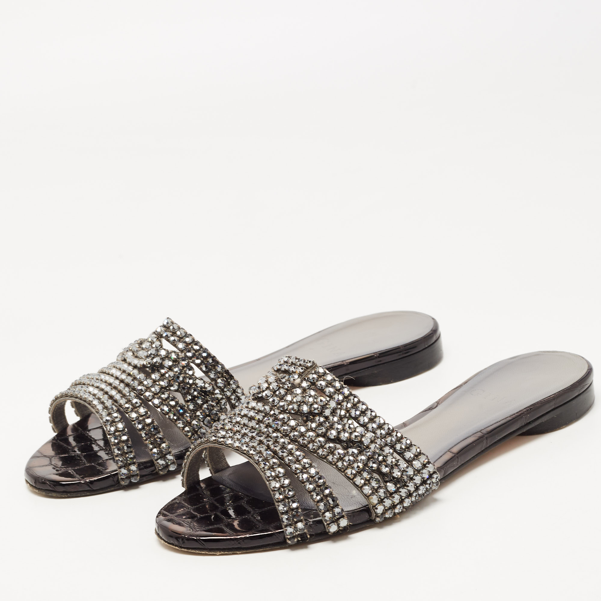 

Gina Black Croc Embossed and Crystal Embellished Slide Sandals Size