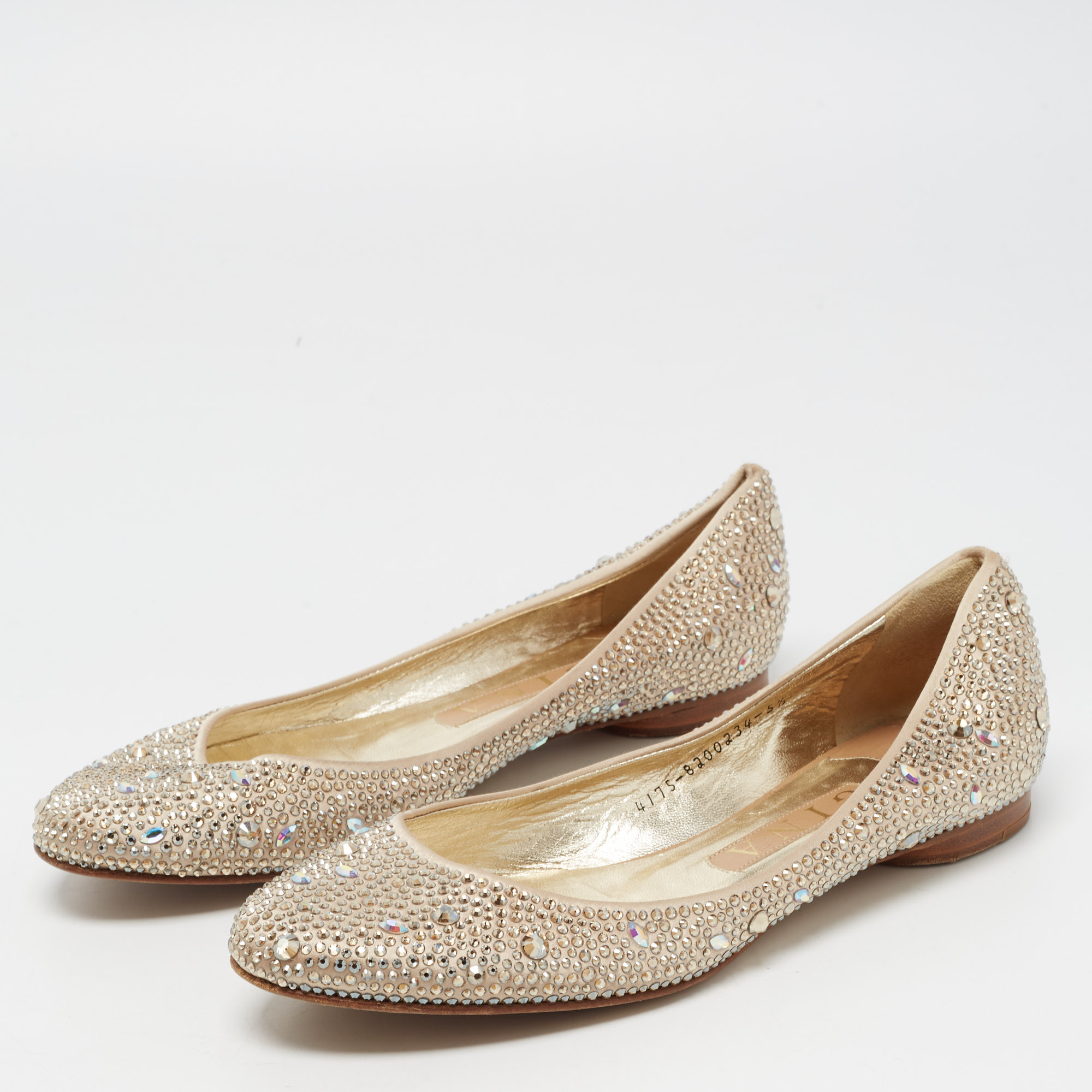 

Gina Beige Satin And Crystal Embellished Ballet Flats Size