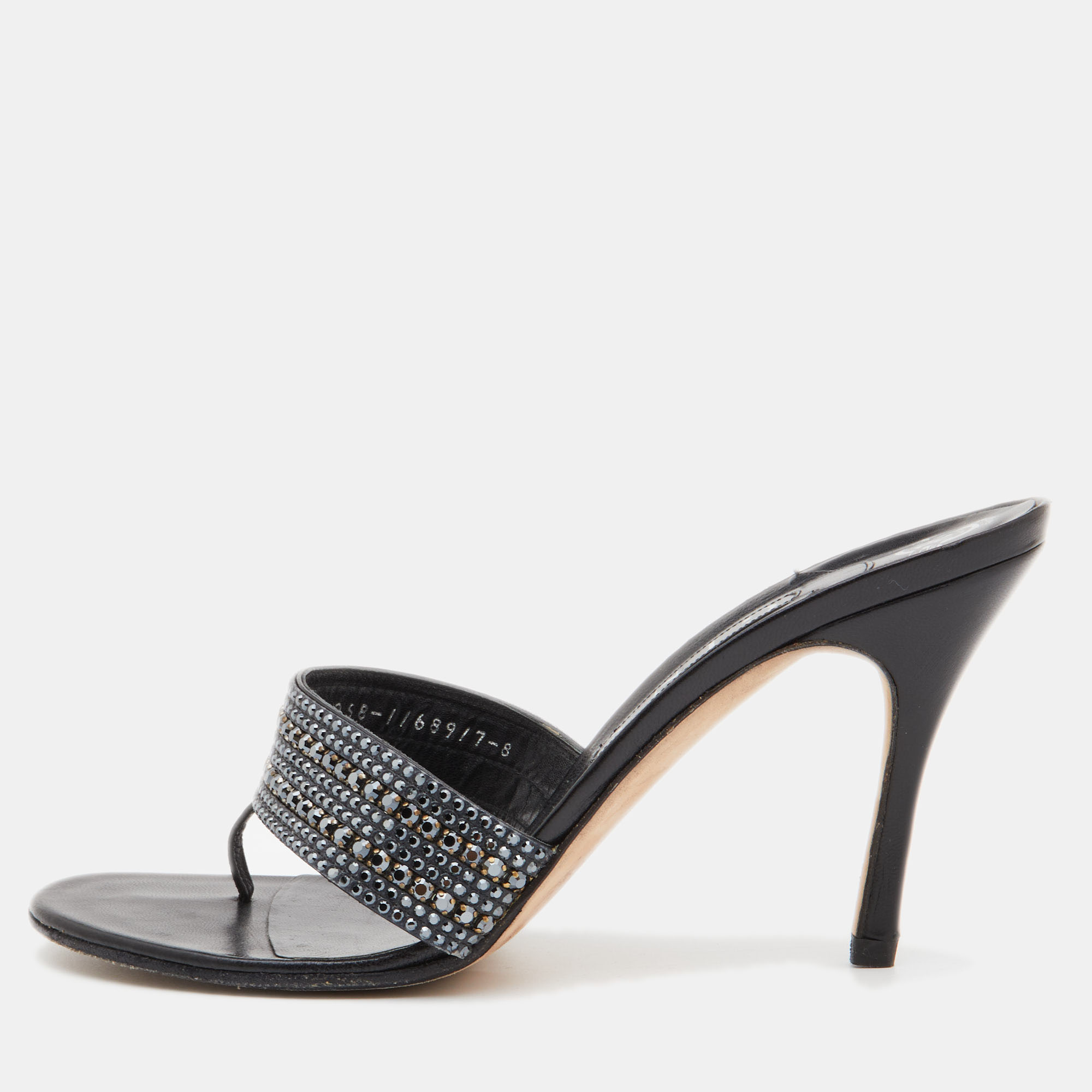 Pre-owned Gina Black Leather Crystal Embellished Sandals Size 41