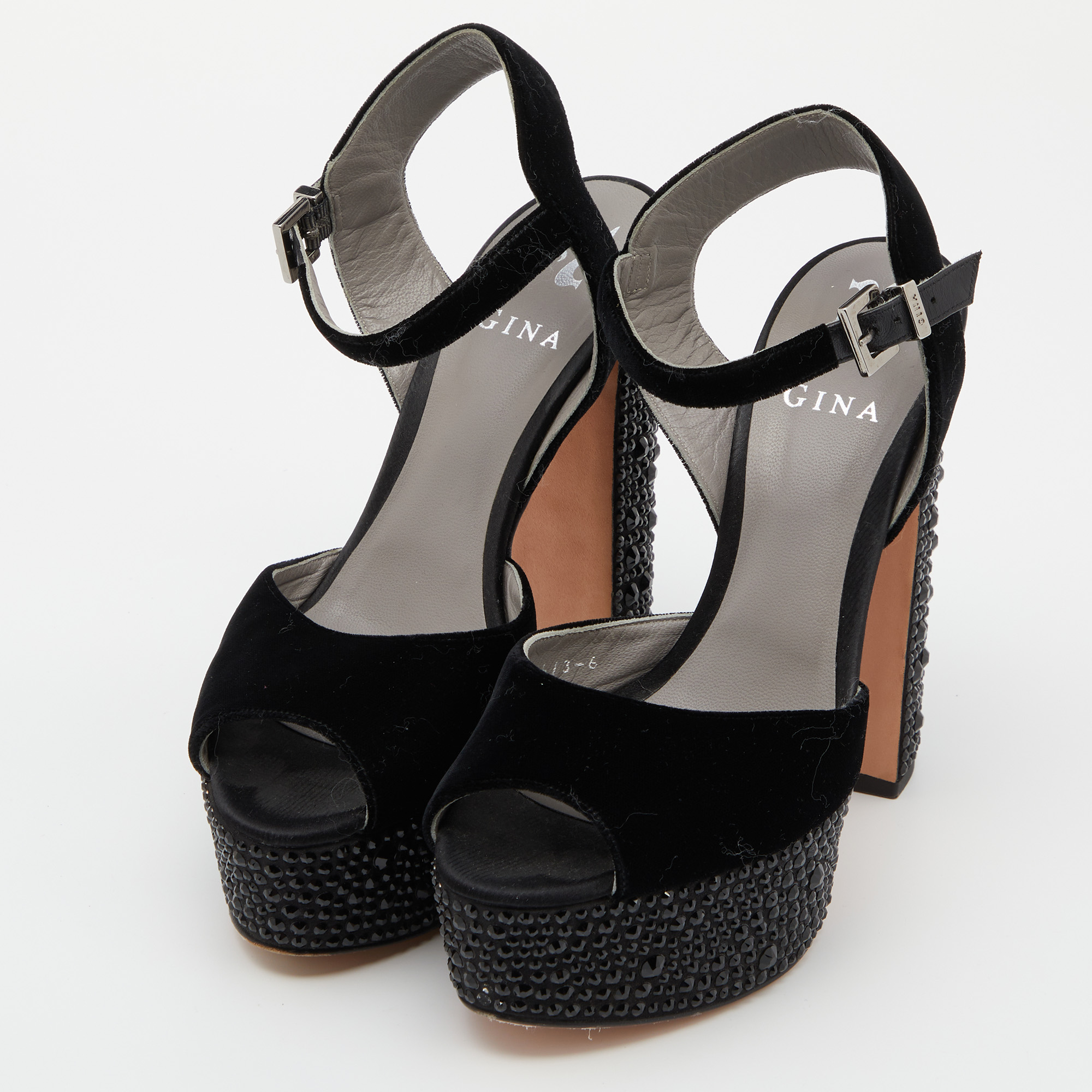 

Gina Black Crystal Embellished Velvet Block Heel Sandals Size
