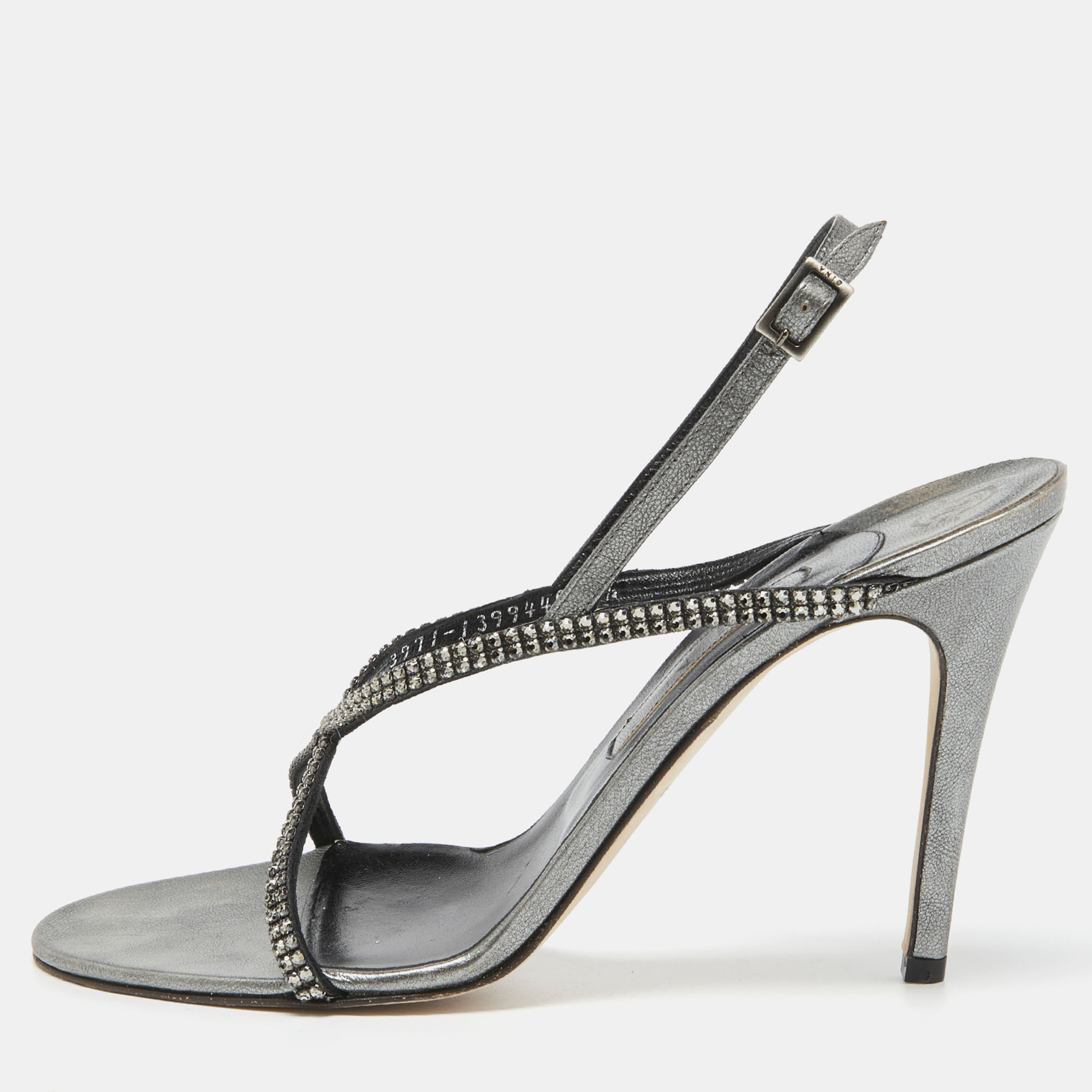 Pre-owned Gina Metallic Grey Leather Crystal Embellished Slingback Sandals Size 39.5