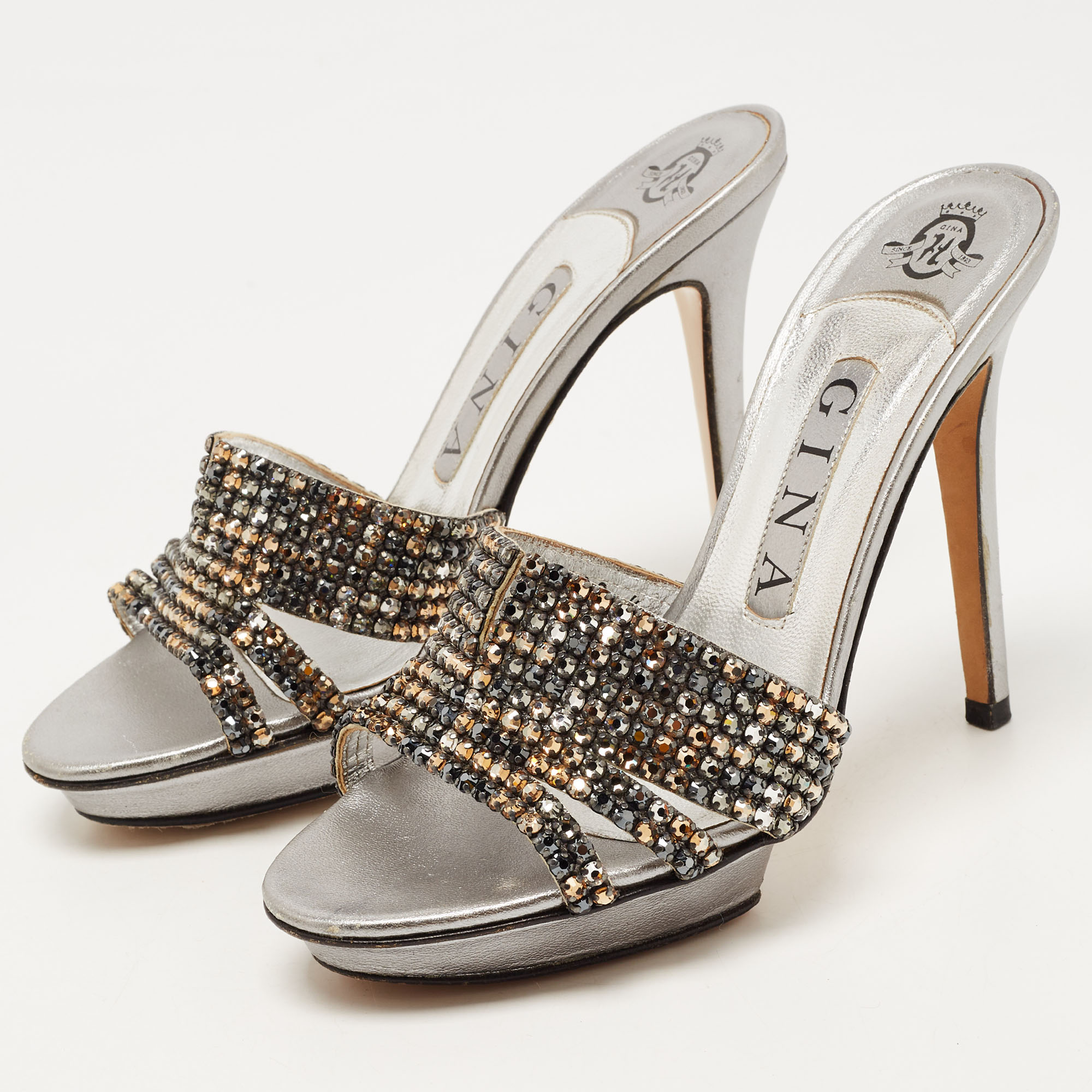 

Gina Metallic Silver Leather Crystal Embellished Slide Platform Sandals Size