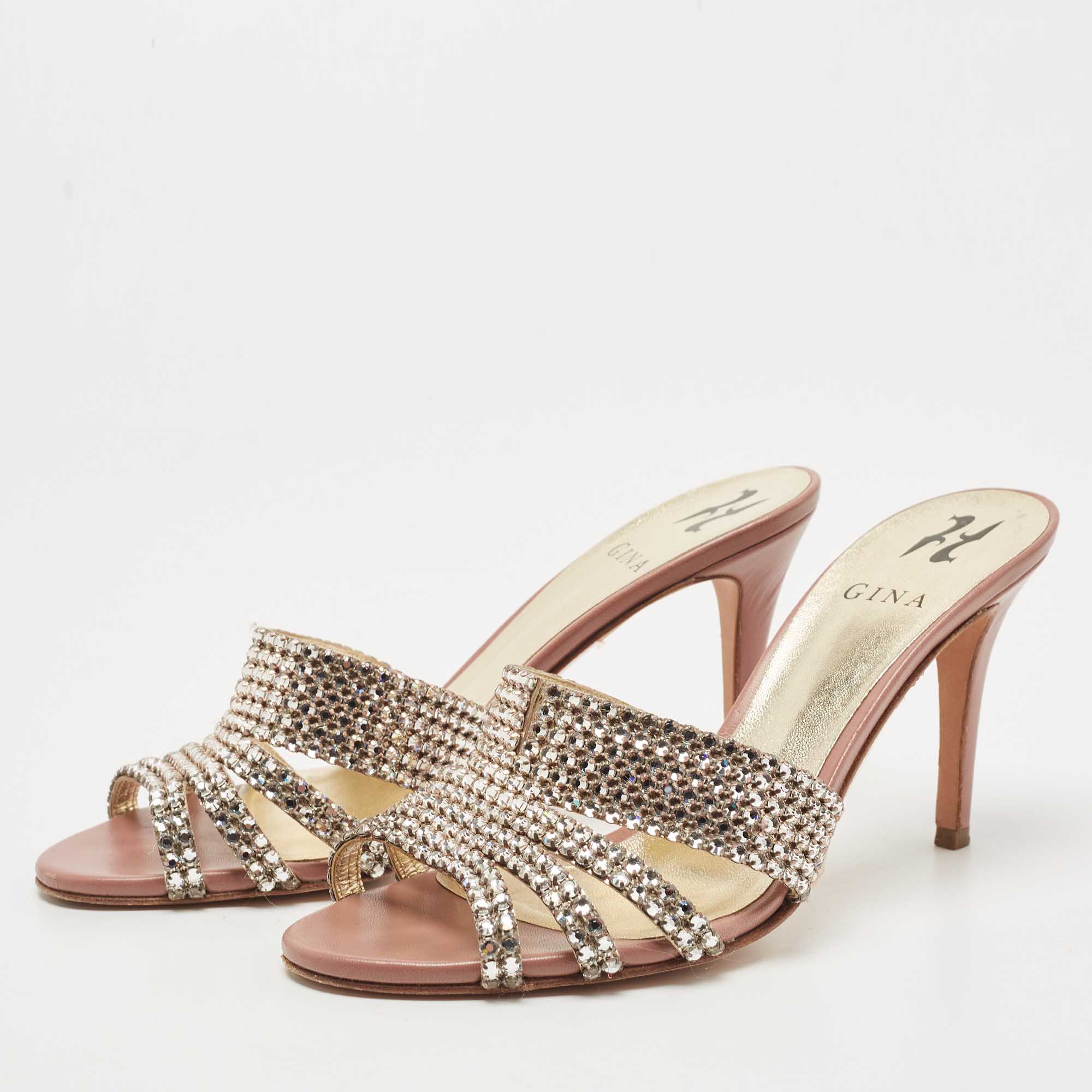 

Gina Silver/Pink Crystal Embellished Leather Slide Sandals Size