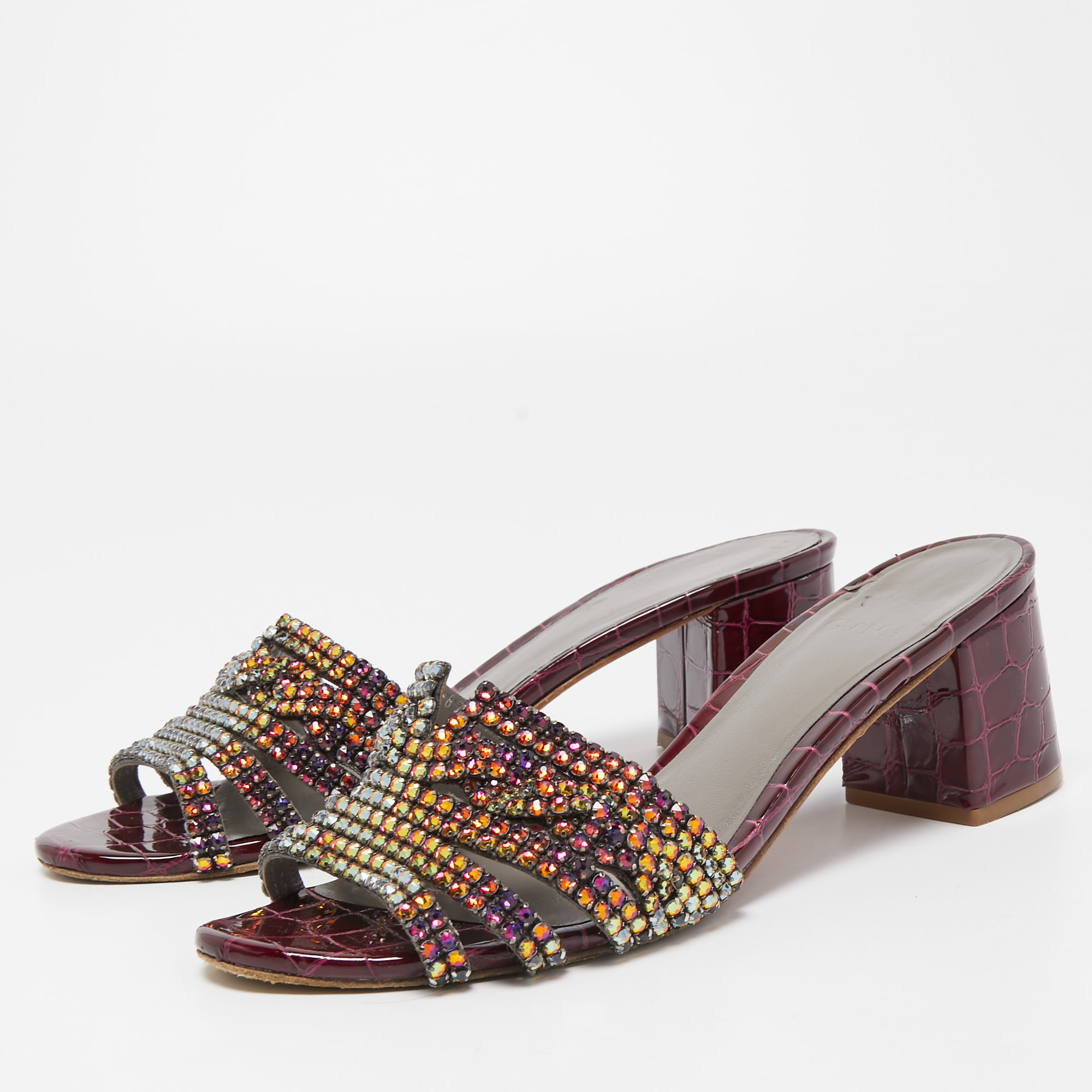 

Gina Purple Croc Embossed Leather Crystal Embellished Loren Slide Sandals Size