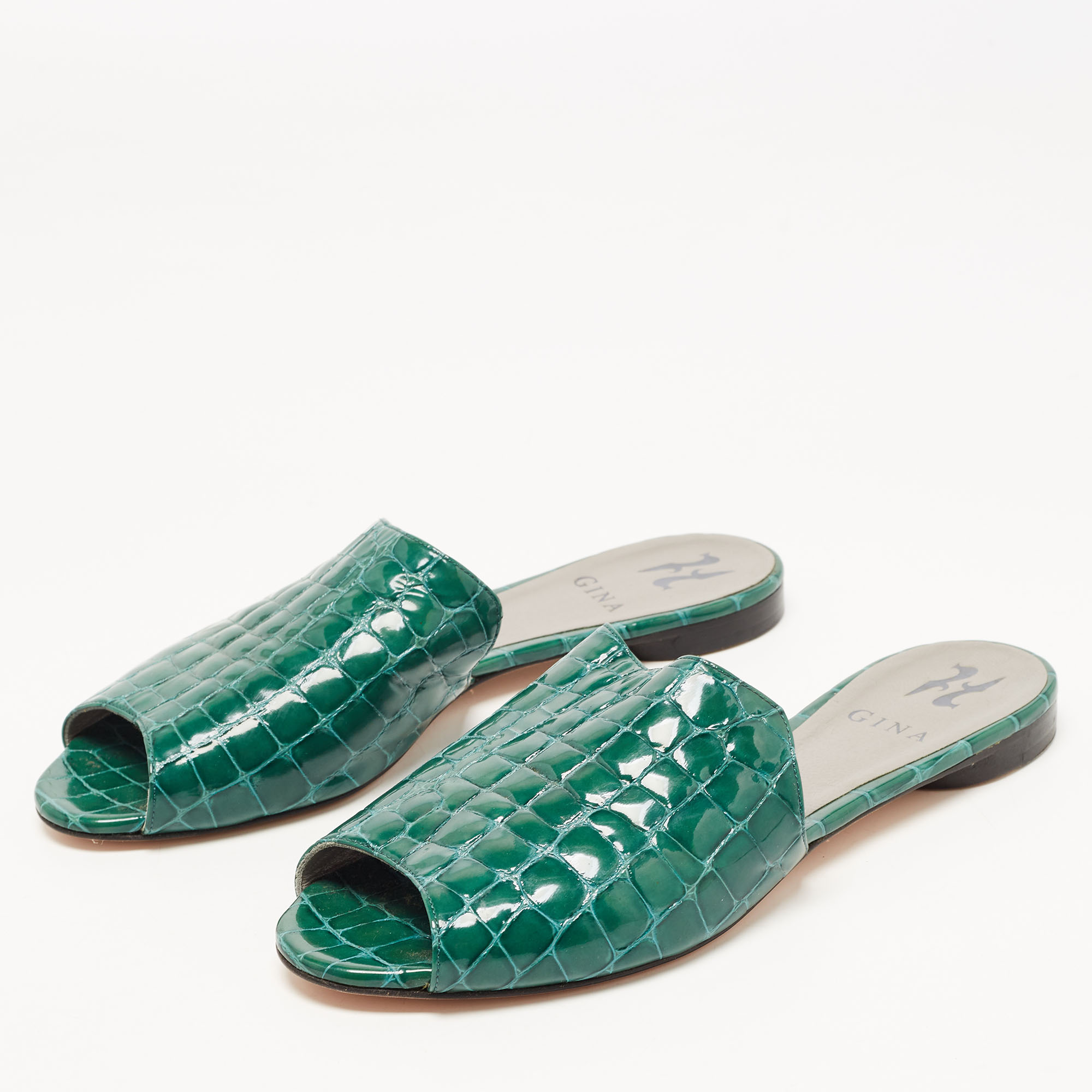 

Gina Green Croc Embossed Leather Slide Flats Size