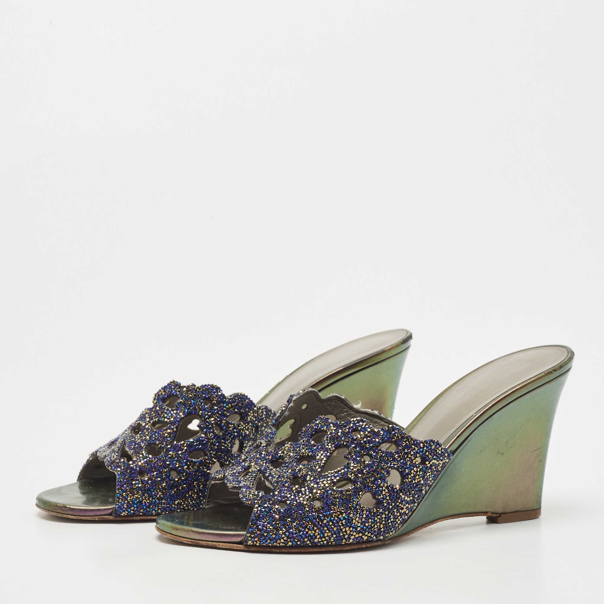 

Gina Blue Crystal Cut Out Wedge Slide Sandals Size