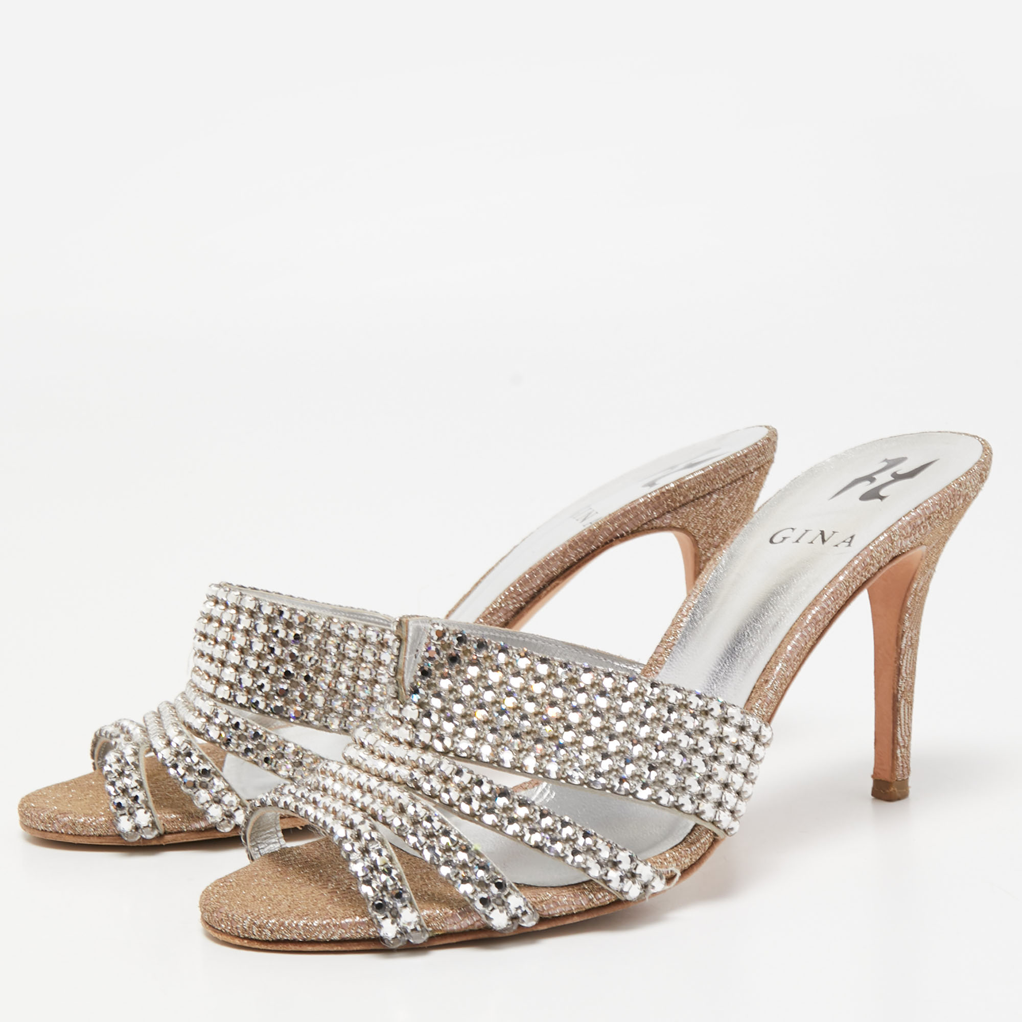 

Gina Silver Glitter Fabric and Crystal Embellished Slide Sandals Size