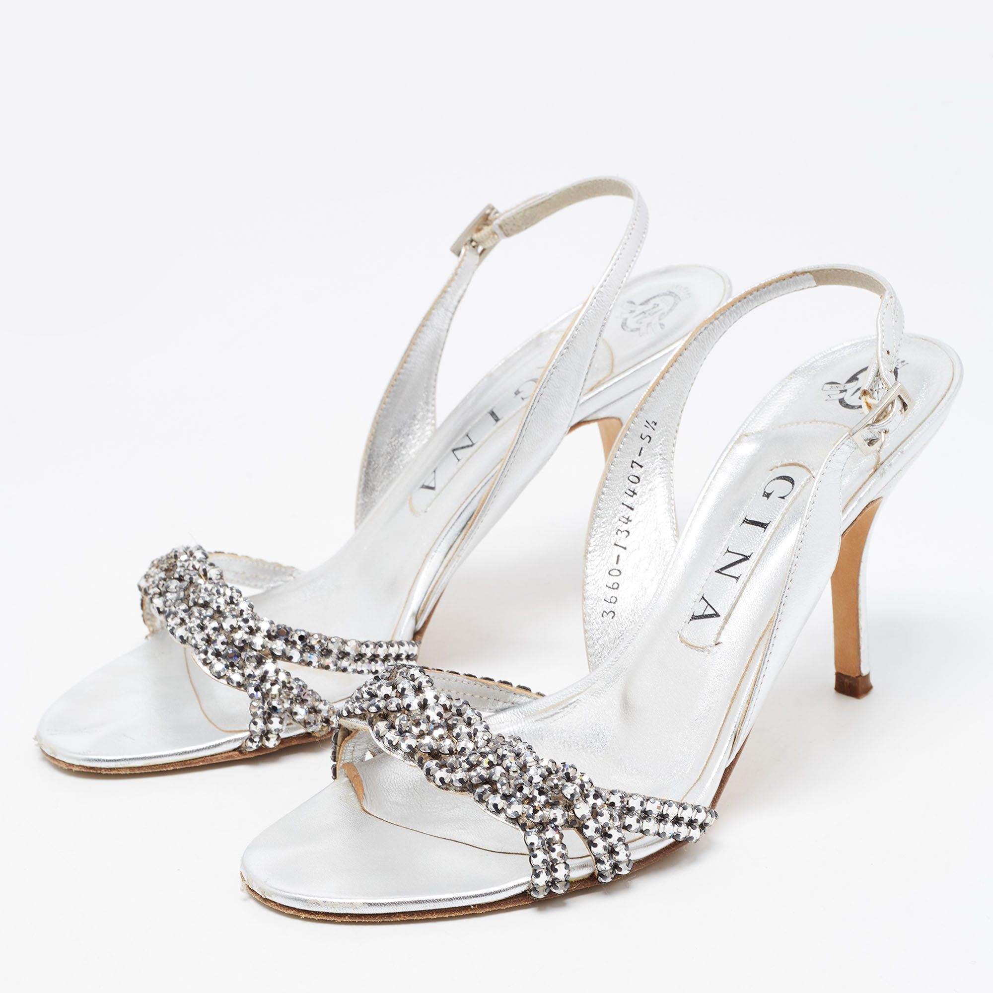 

Gina Silver Leather Crystal Embellished Slingback Sandals Size
