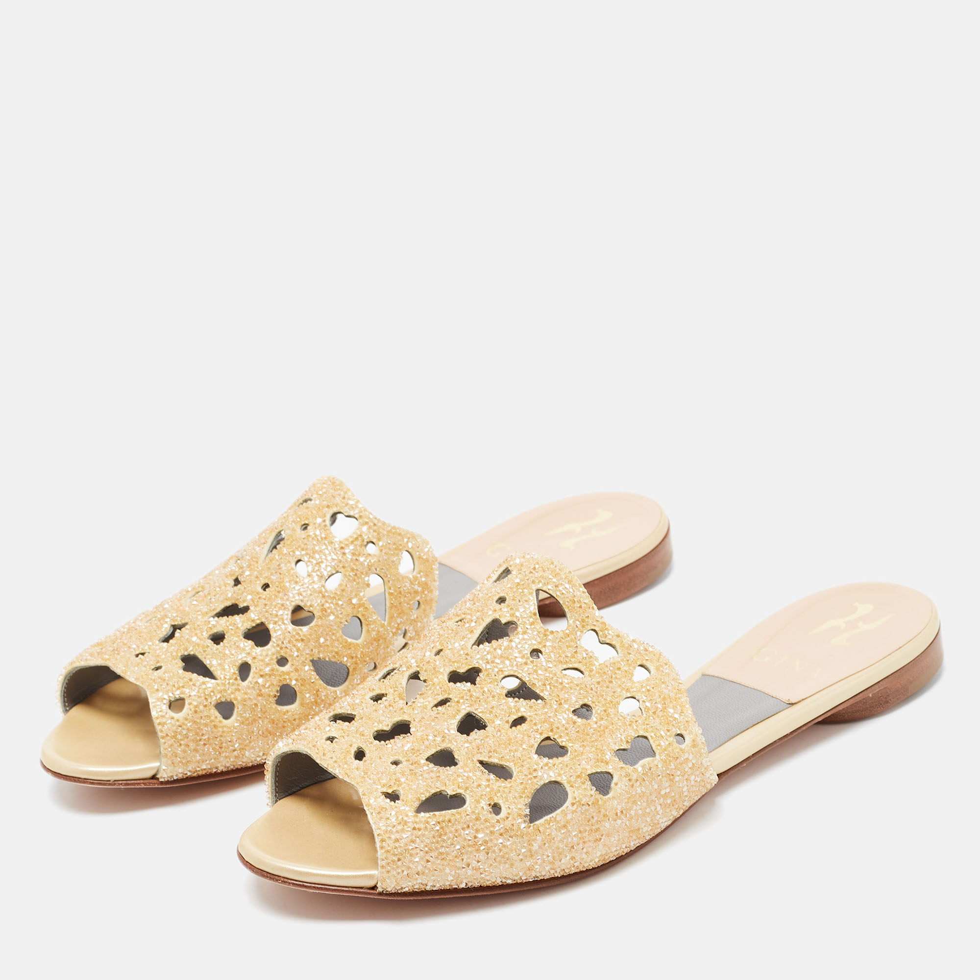 

Gina Gold Leather Crystal Embellished Slide Sandals Size