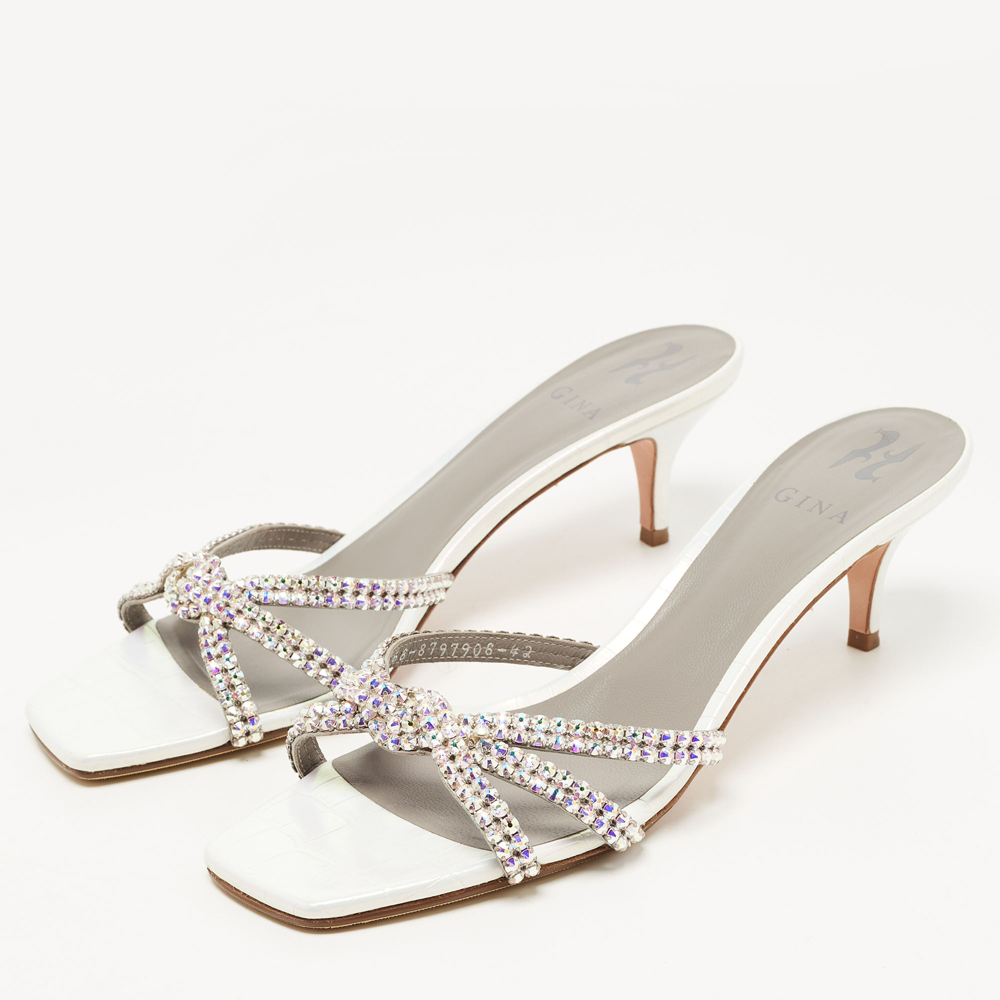 

Gina Silver Croc Embossed Leather Crystal Embellished Slide Sandals Size