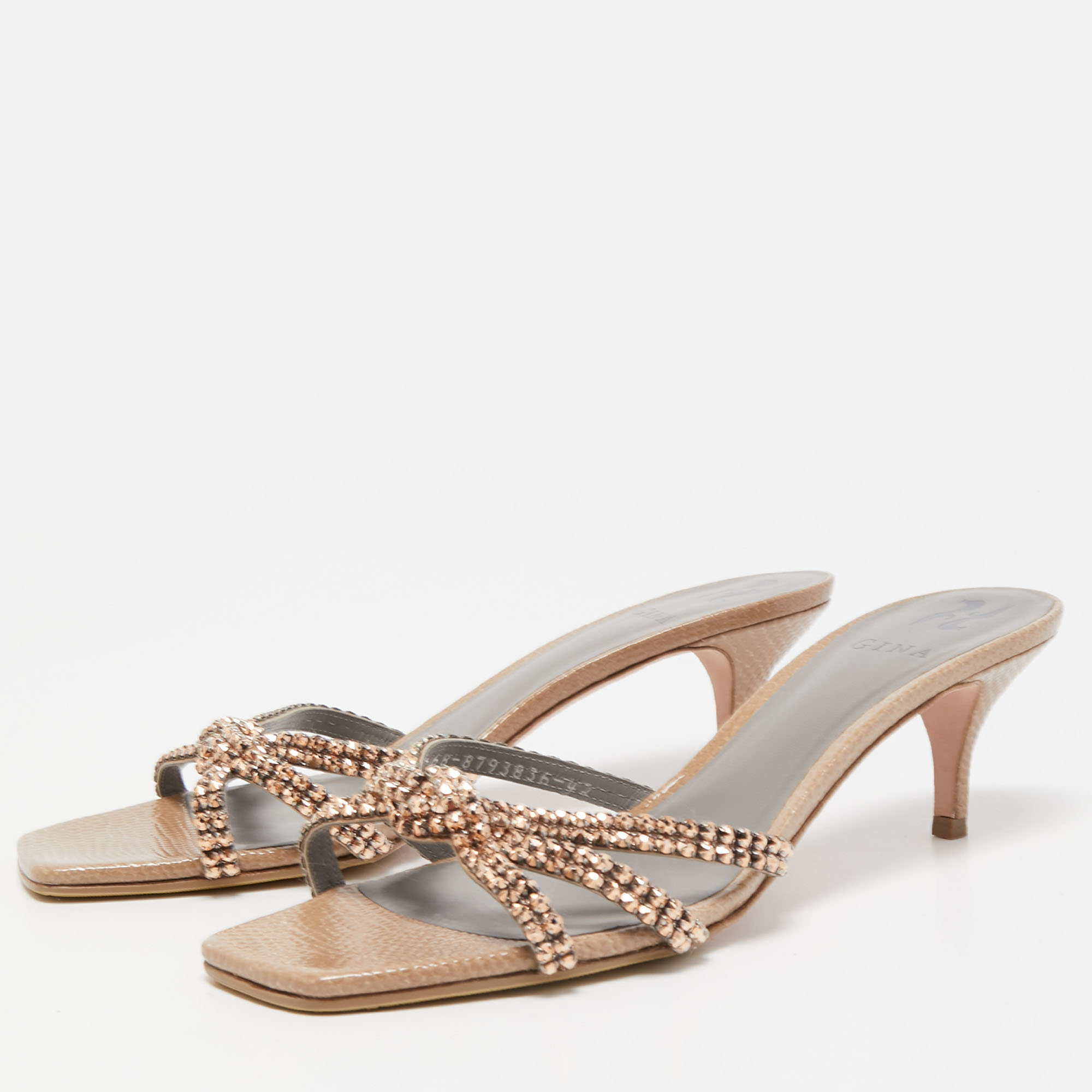 

Gina Beige Textured Leather Crystals Knot Slide Sandals Size