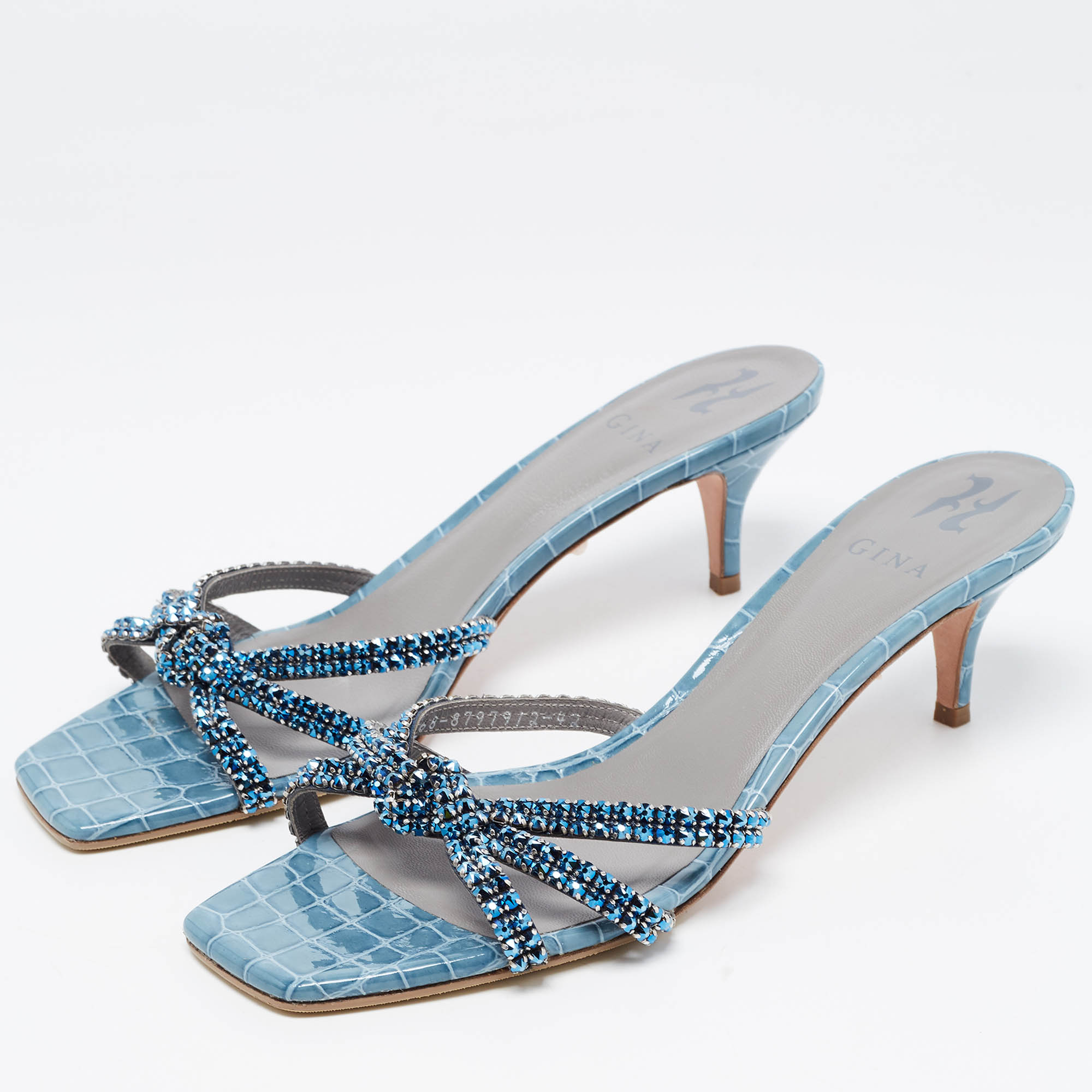 

Gina Blue Crystal Embellished Leather Slide Sandals Size