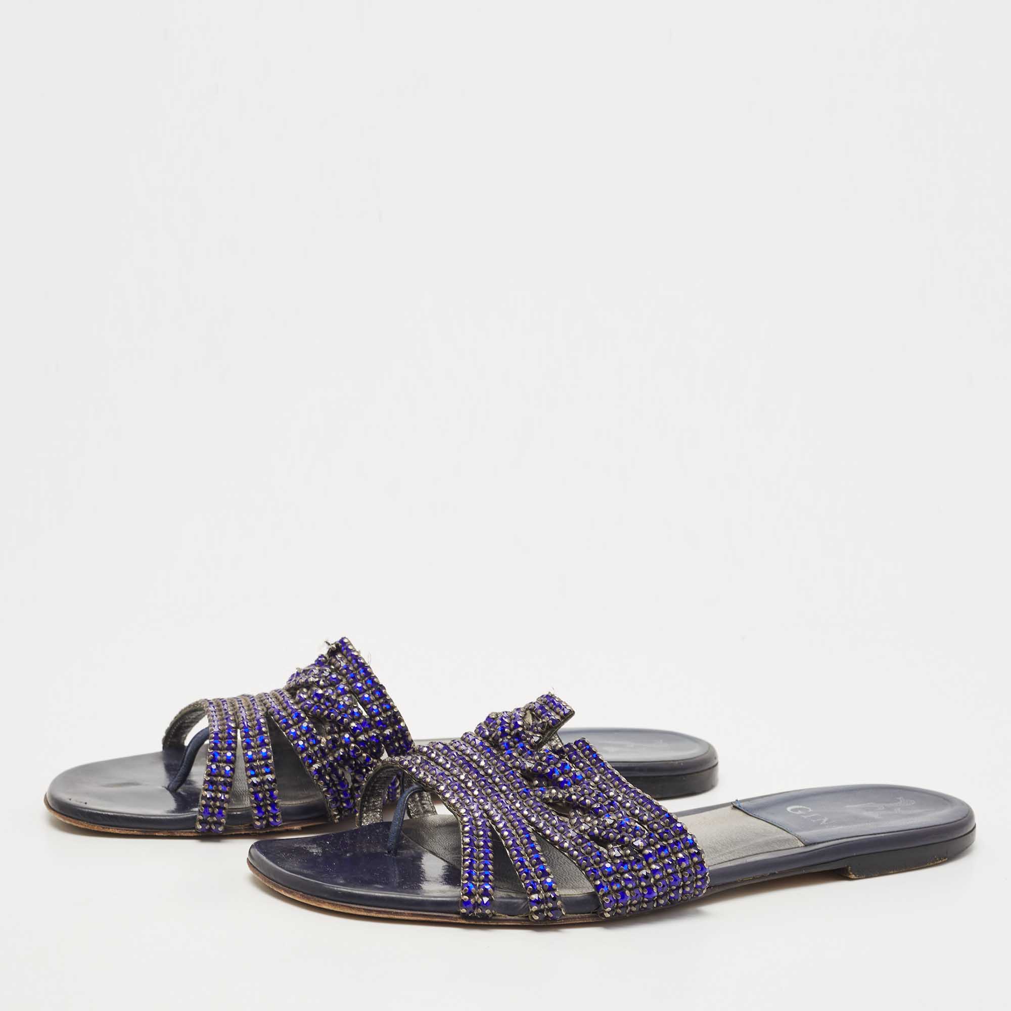 

Gina Blue Crystal Embellished Leather Flat Slides Size
