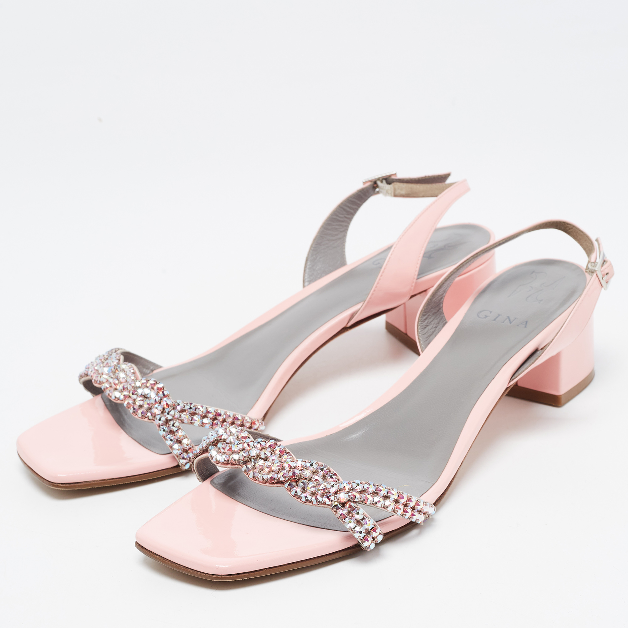 

Gina Pink Patent Leather Crystal Embellished Slingback Sandals Size