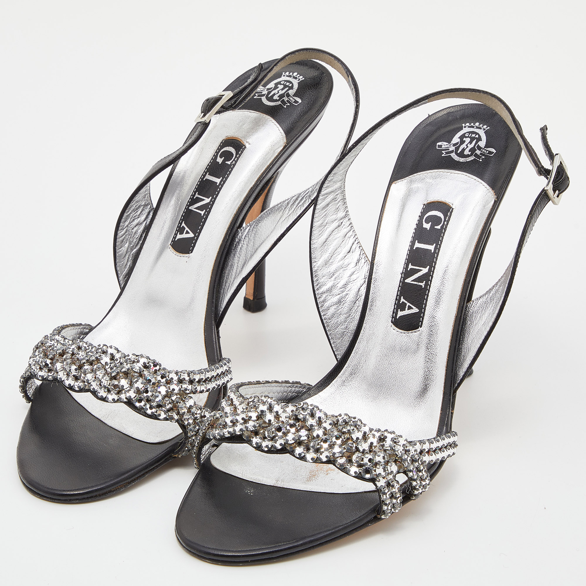 

Gina Black/Silver Leather Naomi Crystals Slingback Sandals Size
