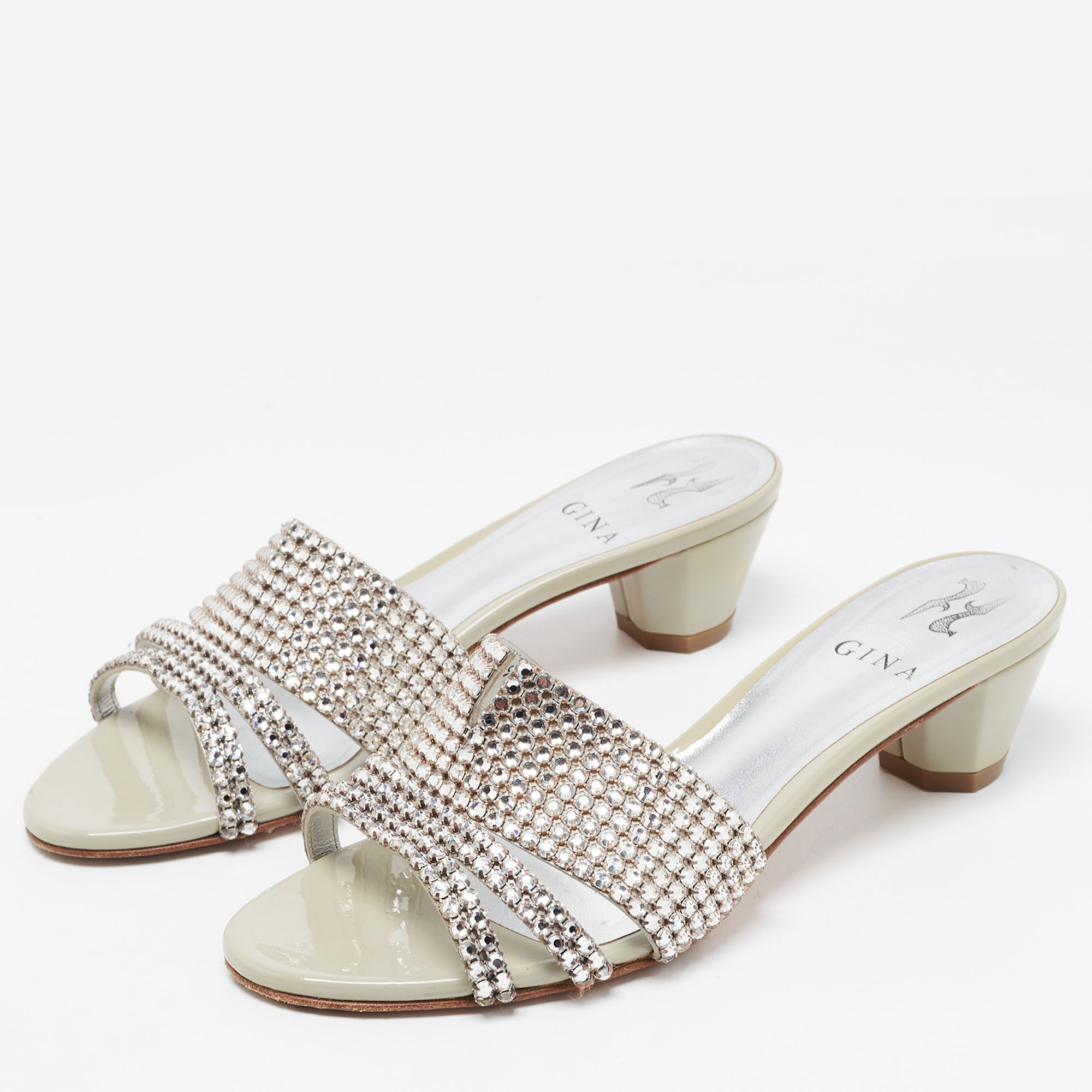 

Gina Grey Crystal Embellished Leather Slide Sandals Size