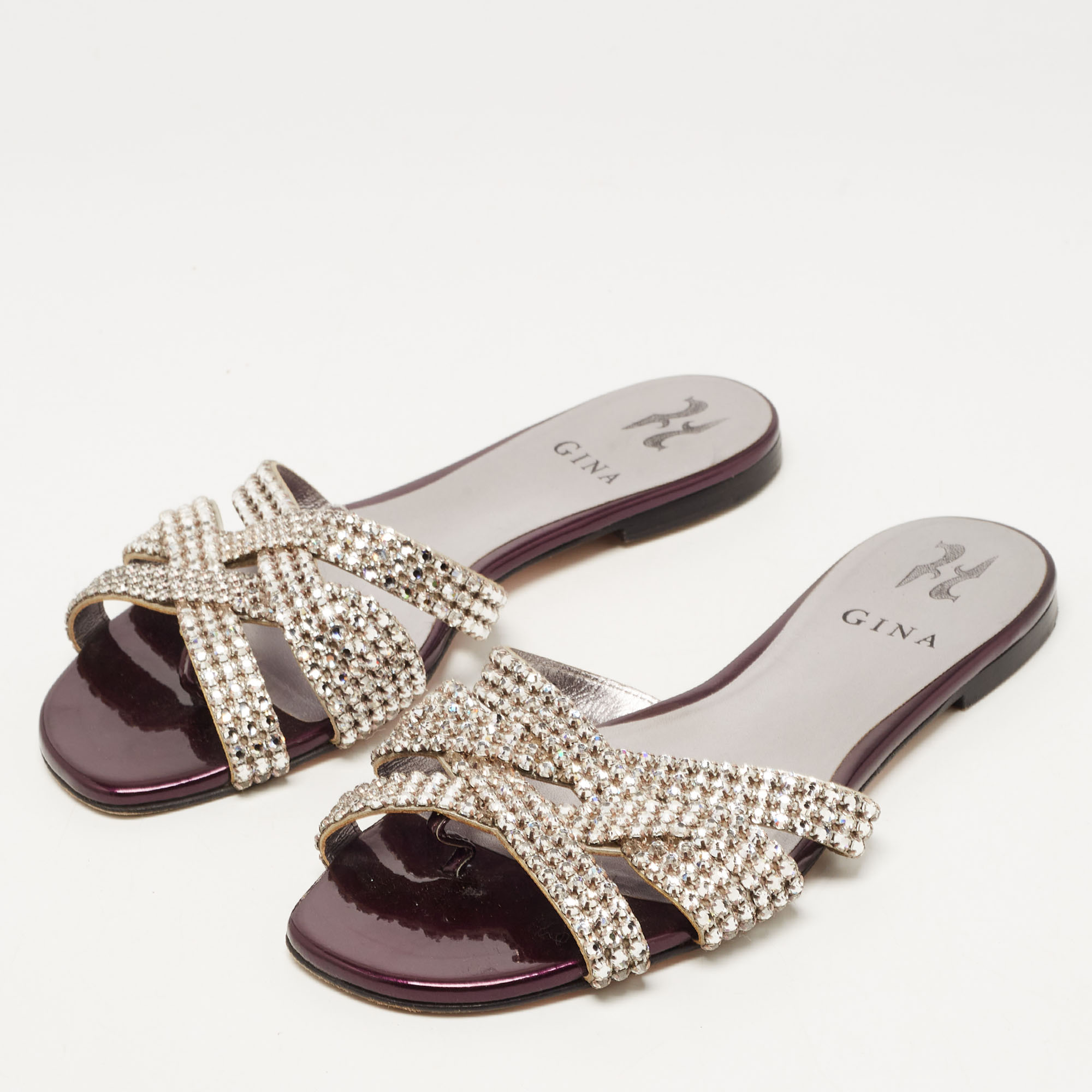 

Gina Silver/Purple Crystal Embellished Leather Flat Slides Size