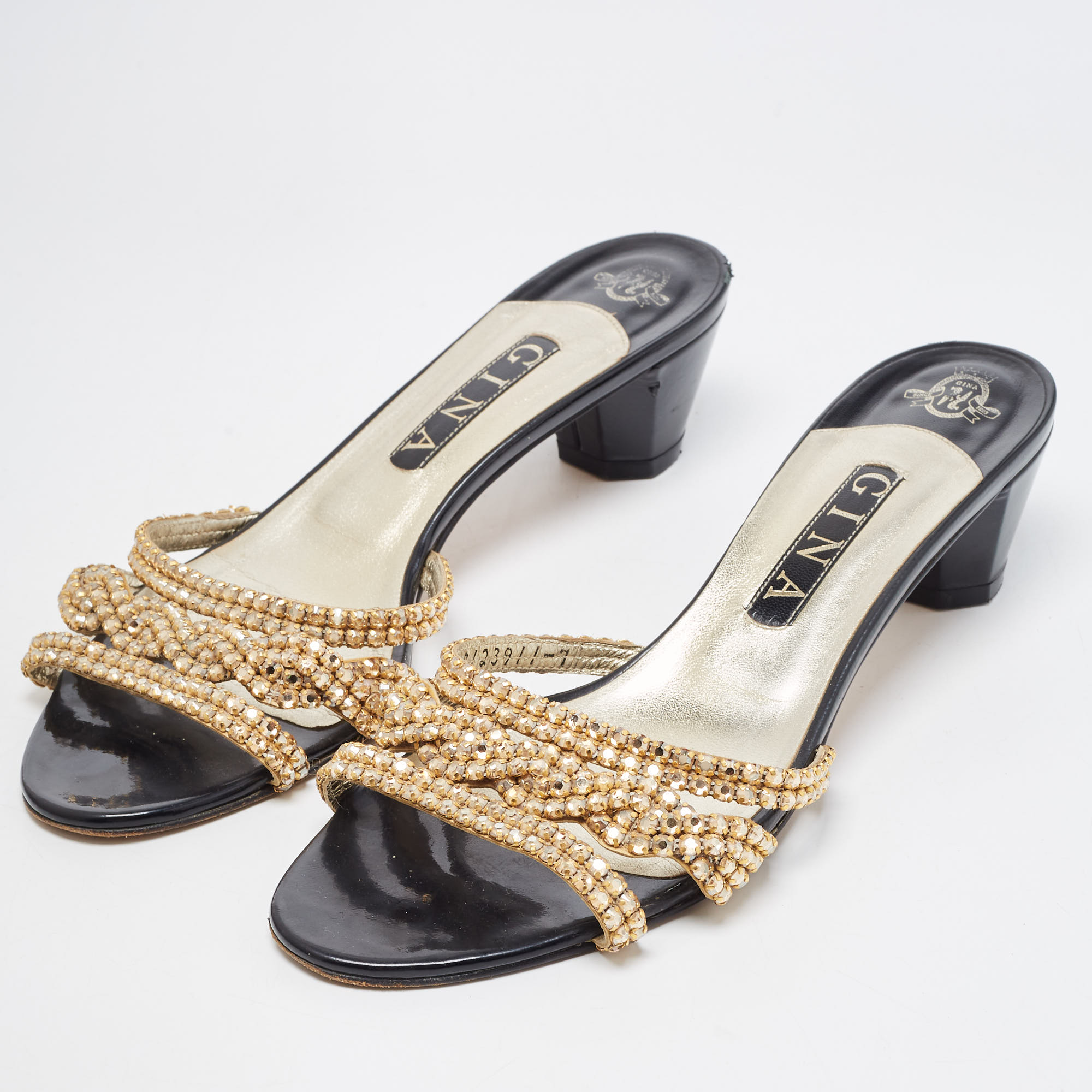 

Gina Gold Crystal Embellished Leather Slide Sandals Size