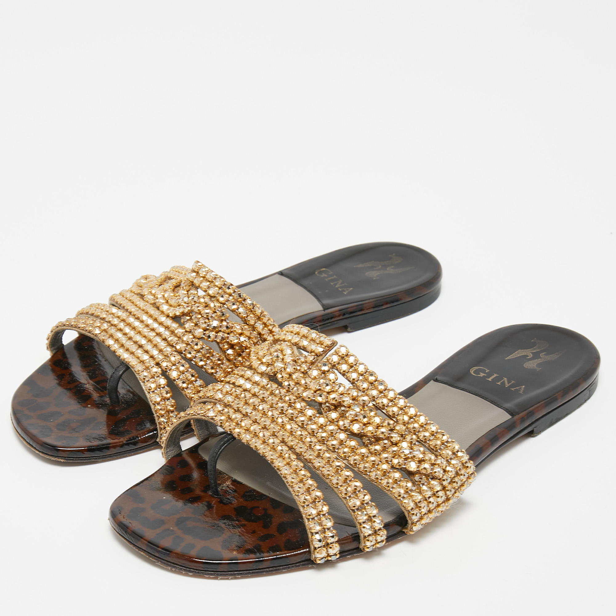 

Gina Gold Leather Crystal Embellished Flat Slides Size