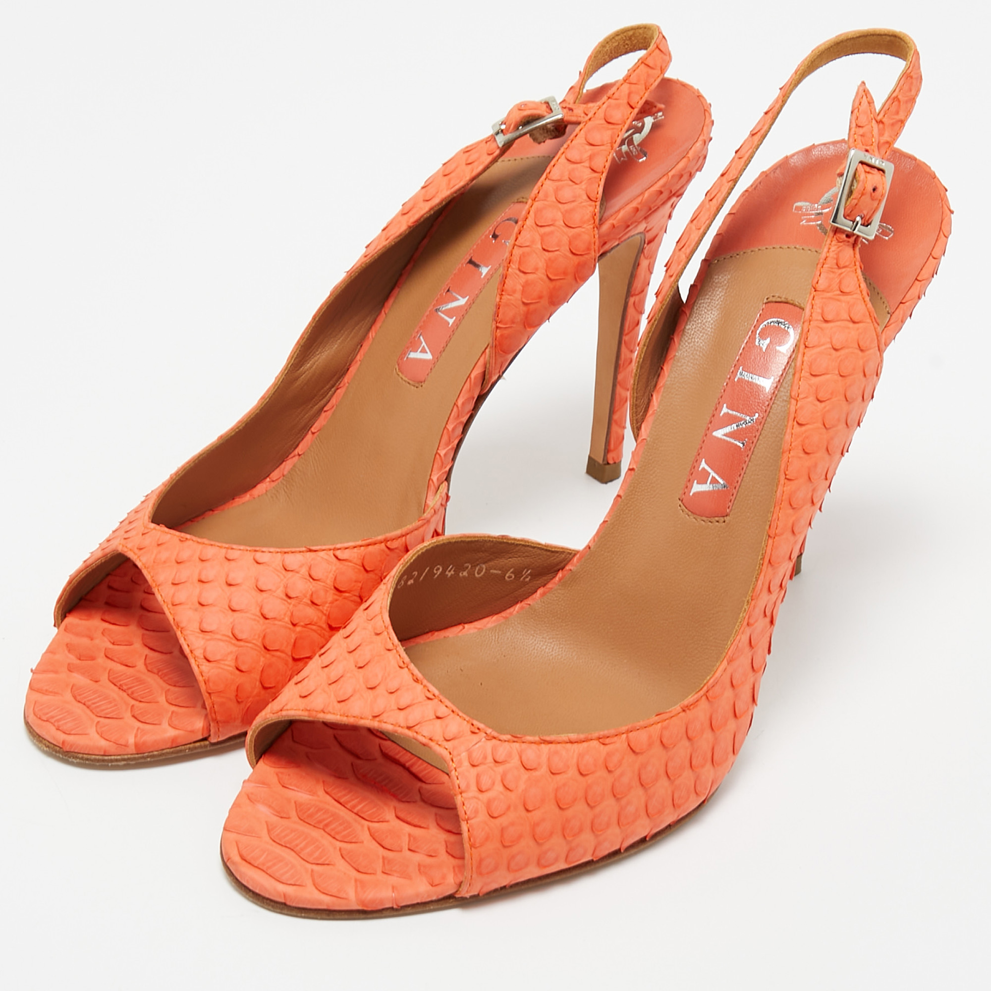 

Gina Orange Python Peep Toe Ankle Strap Sandals Size