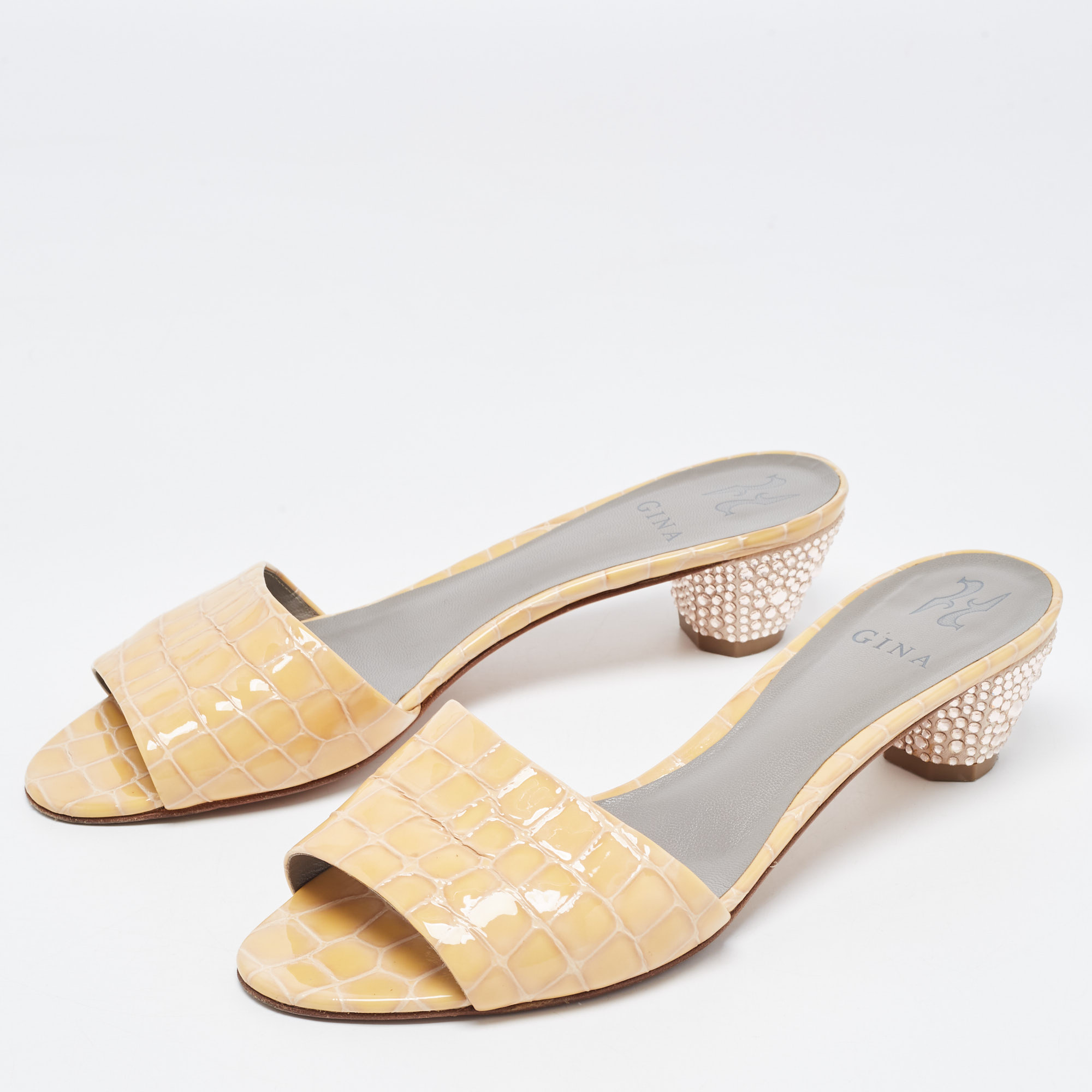 

Gina Beige Croc Embossed Leather Crystal Embellished Heel Slide Sandals Size