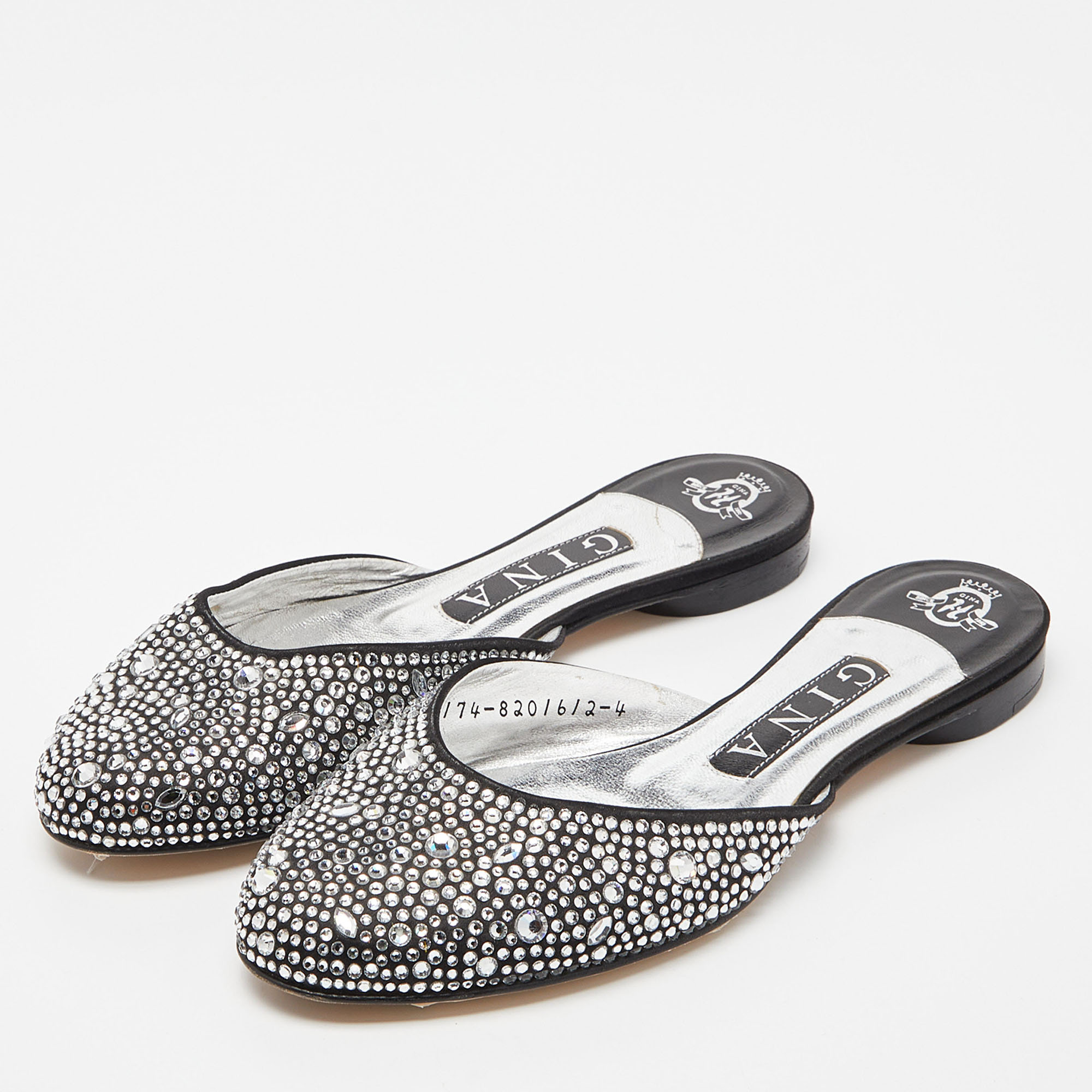 

Gina Silver/Black Crystal Embellished Satin Flat Mules Size