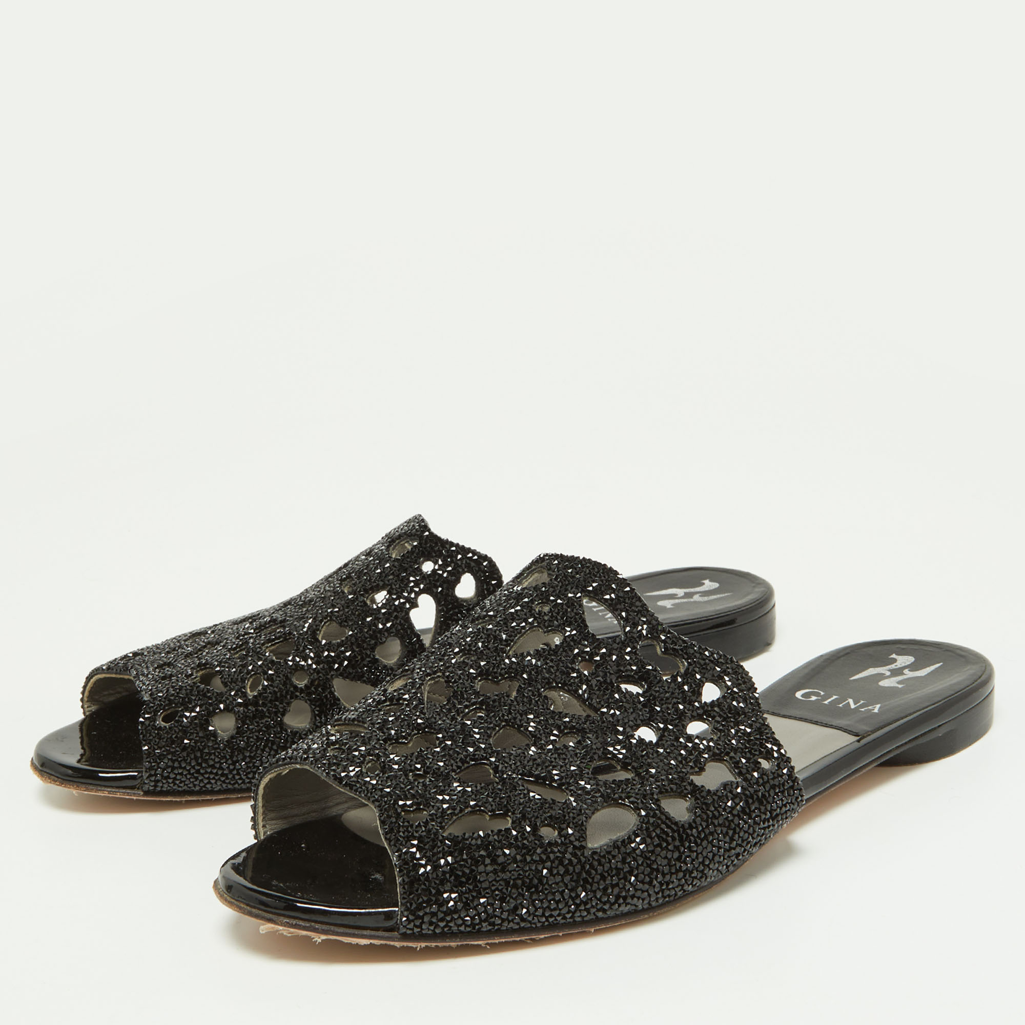 

Gina Black Crystal Embellished Leather Flat Slides Size
