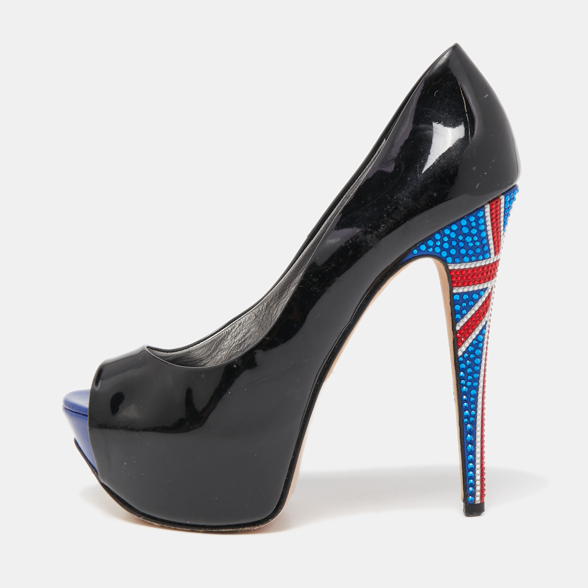

Gina Black Patent Leather Crystal Embellished Heel Peep Toe Platform Pumps Size 39.5