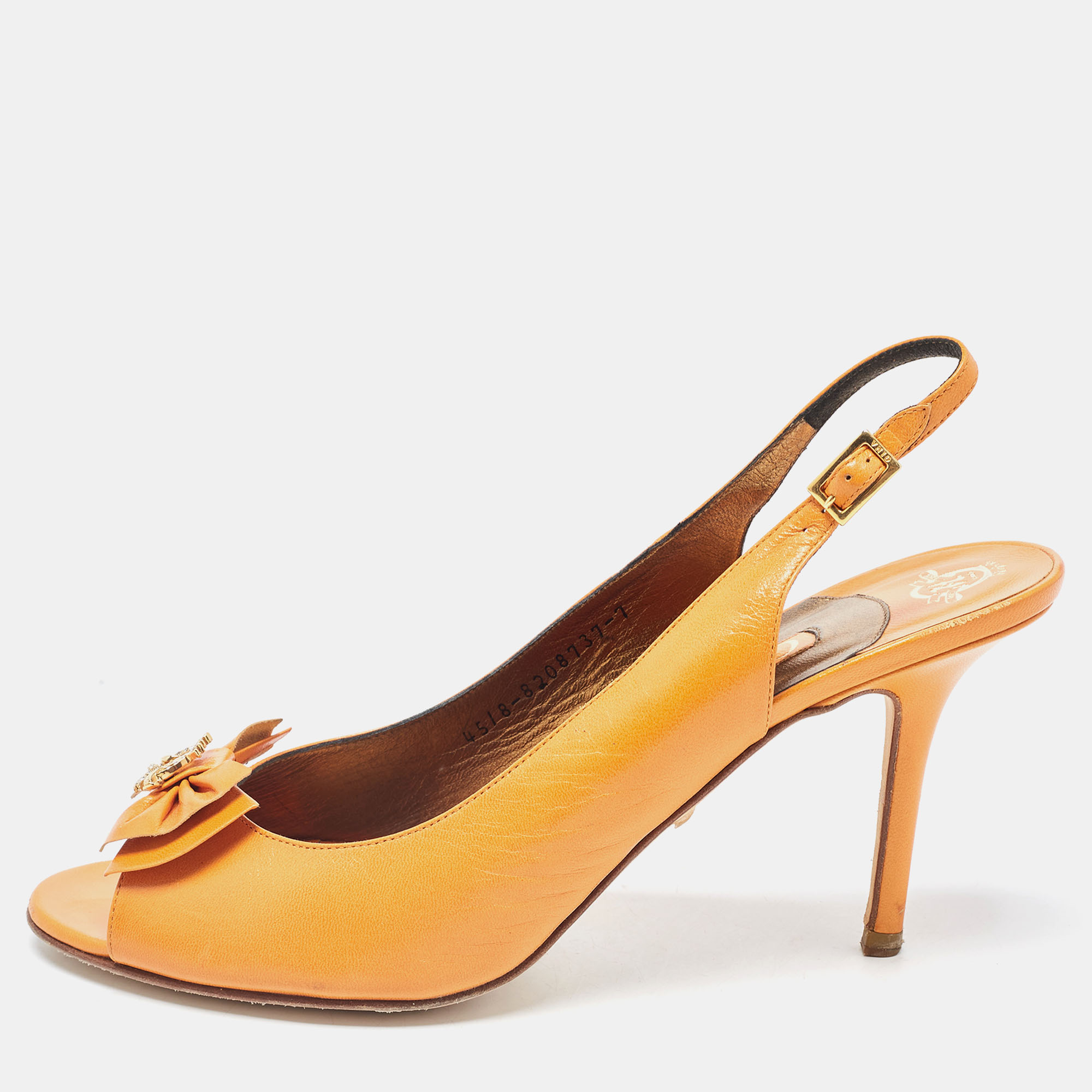 Pre-owned Gina Orange Leather Bow Detail Open Toe Slingback Pumps Size 40
