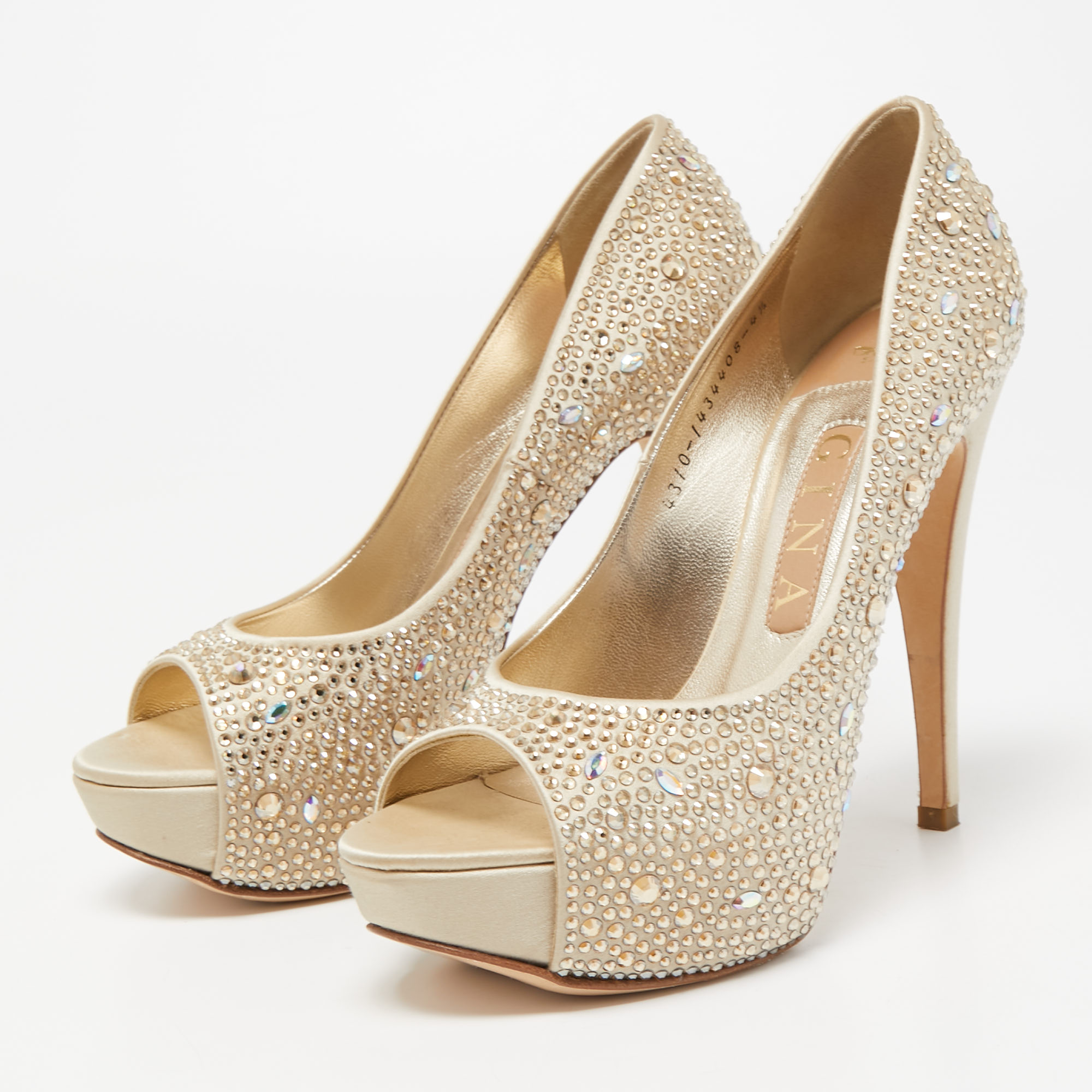 

Gina Gold Crystal Embellished Satin Peep Toe Platform Pumps Size