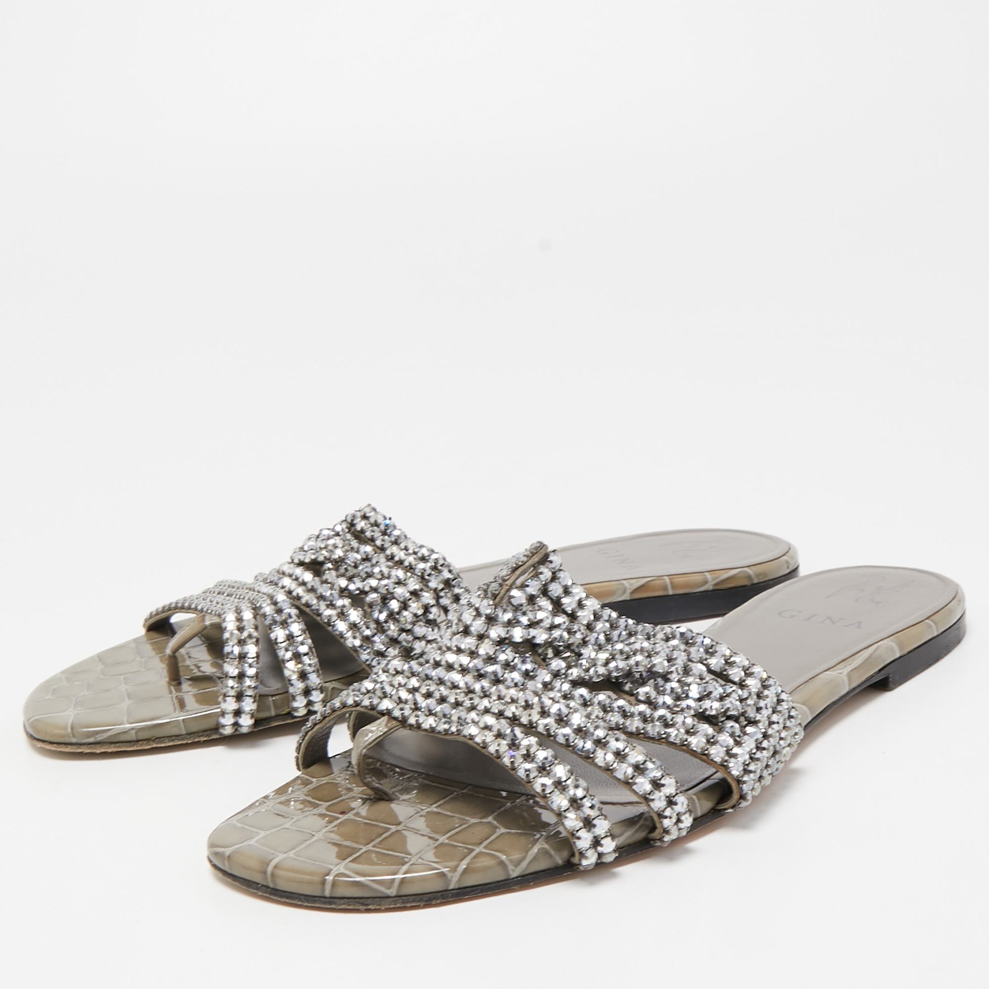 

Gina Silver/Grey Crystal Embellished Leather Loren Flat Slides Size